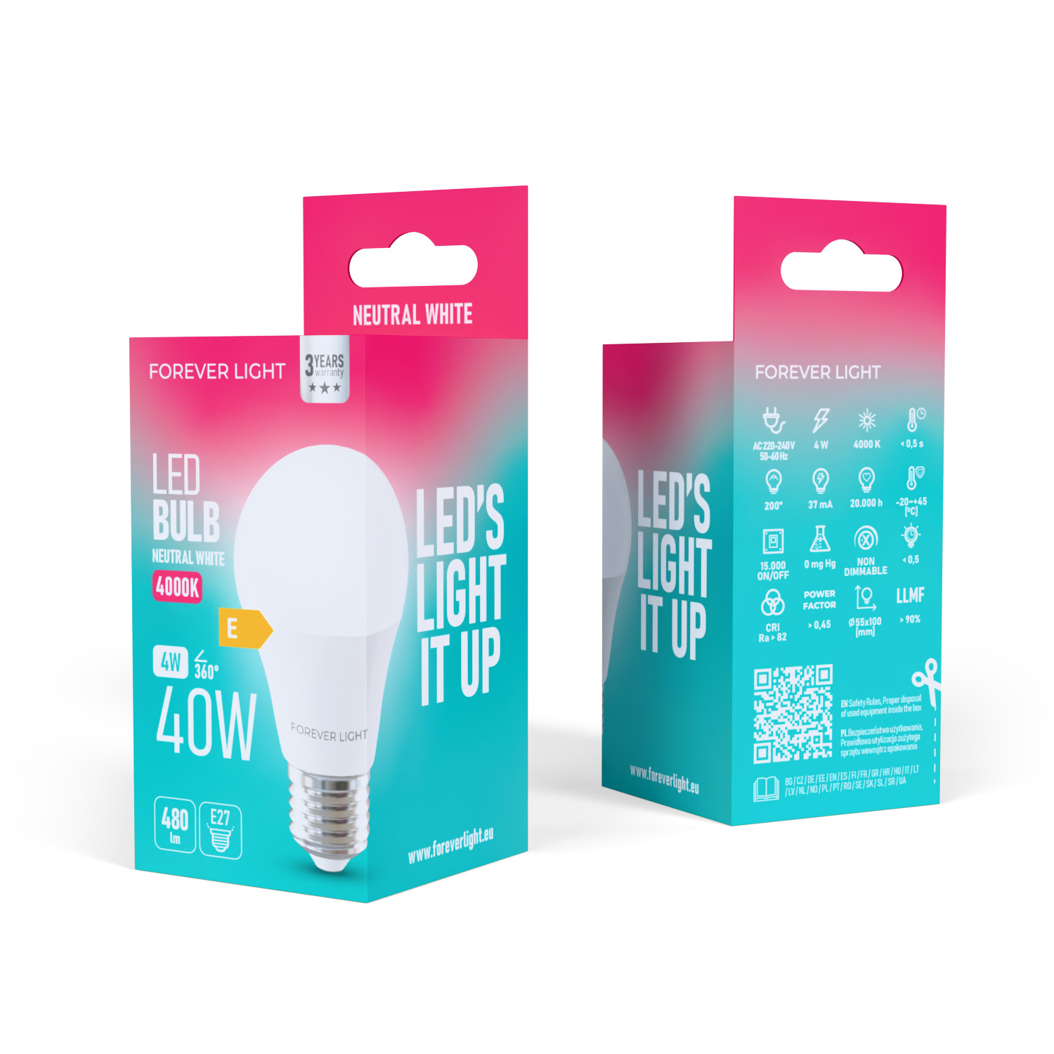 Eine Forever Light LED-Glühbirnenbox. Sie enthält Produktdetails wie Wattzahl, Farbtemperatur und Energieeffizienz.