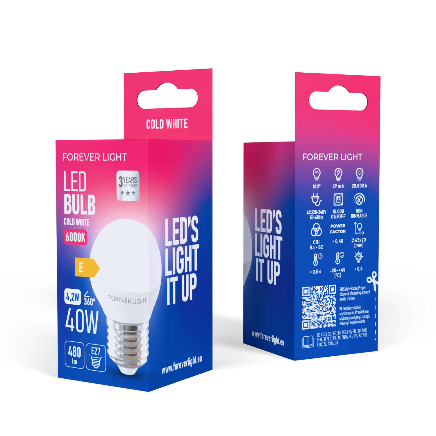 Opakowanie żarówki LED. Pokazuje żarówkę, jej specyfikacje i markę: Forever Light.