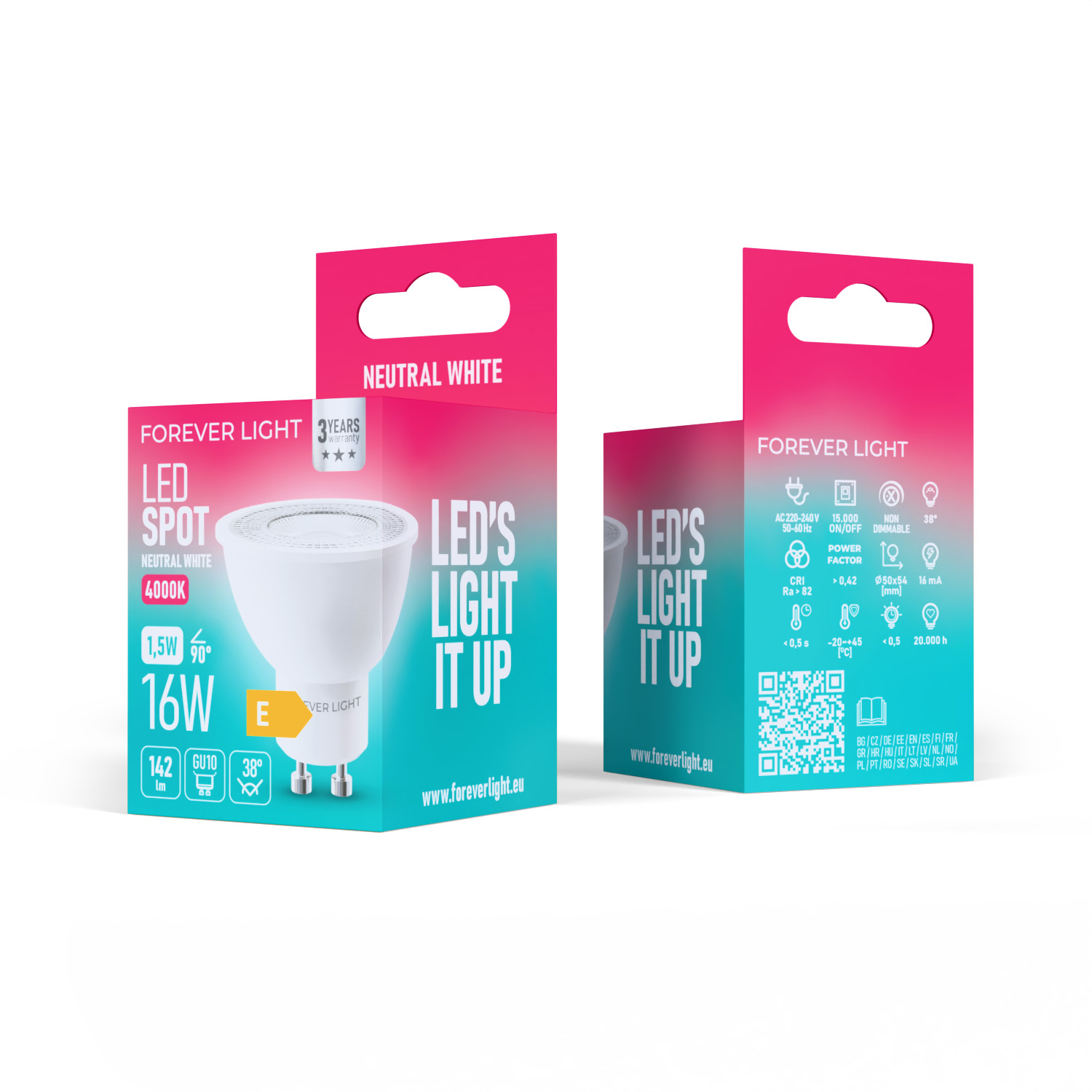 Zwei LED-Lichtboxen, weiße Glühbirnen. Eine Box ist türkis, die andere pink. Text enthält 'Forever Light' und Spezifikationen.