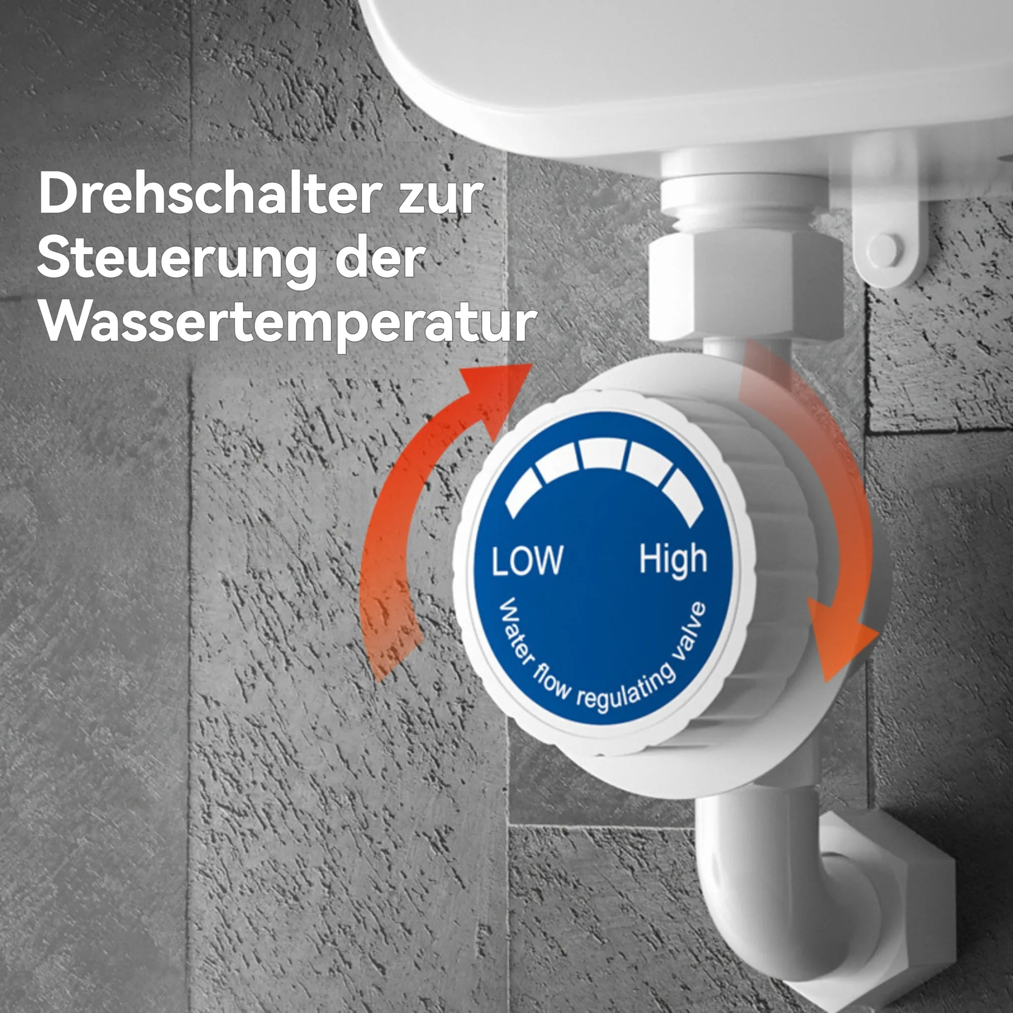 Ein weißes Warmwasserbereiterventil mit blauem Bedienrad, das mit 'Low' und 'High' markiert ist, und roten Pfeilen.