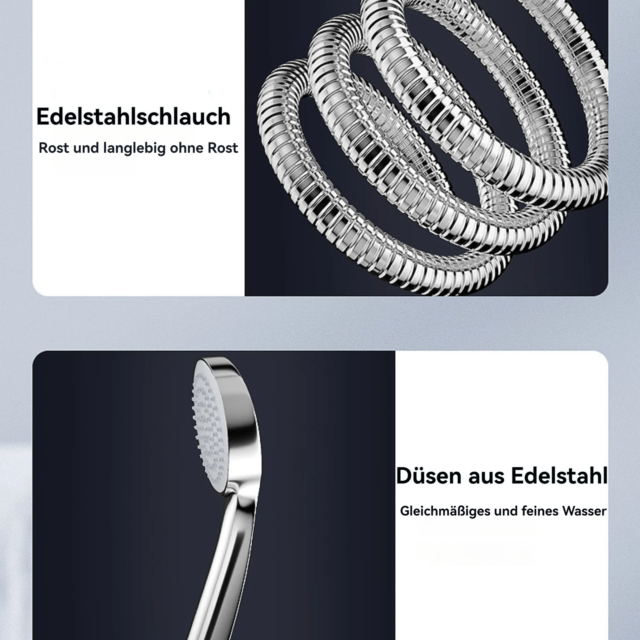 Das Bild zeigt einen glänzenden Metall-Duschschlauch und Duschkopf. Text in Deutsch beschreibt den Schlauch und den Kopf als Edelstahl.
