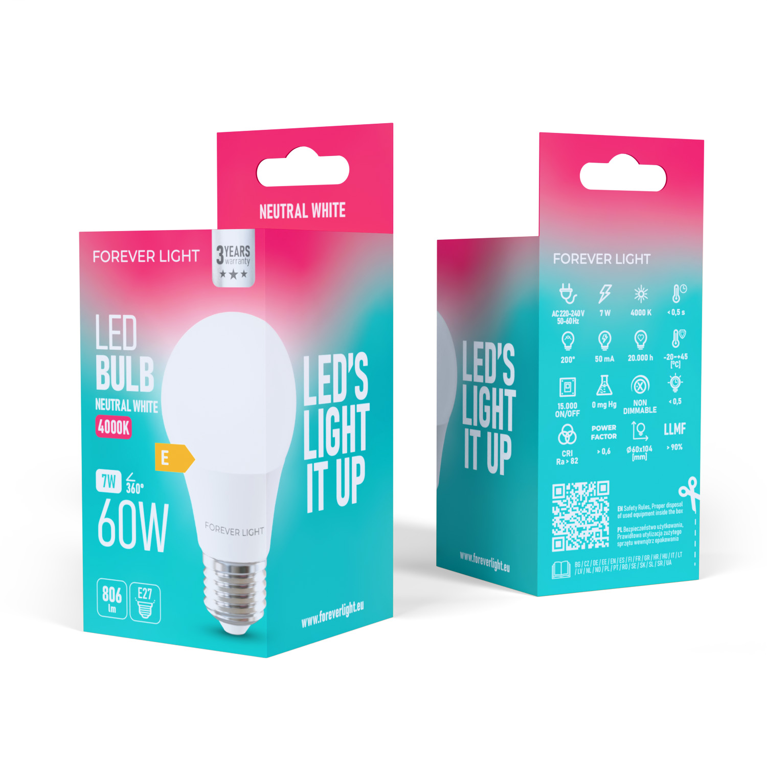 Eine weiße LED-Glühbirne in ihrer Verpackung. Die Schachtel zeigt Details wie Wattzahl, Farbtemperatur und Markeninformationen.