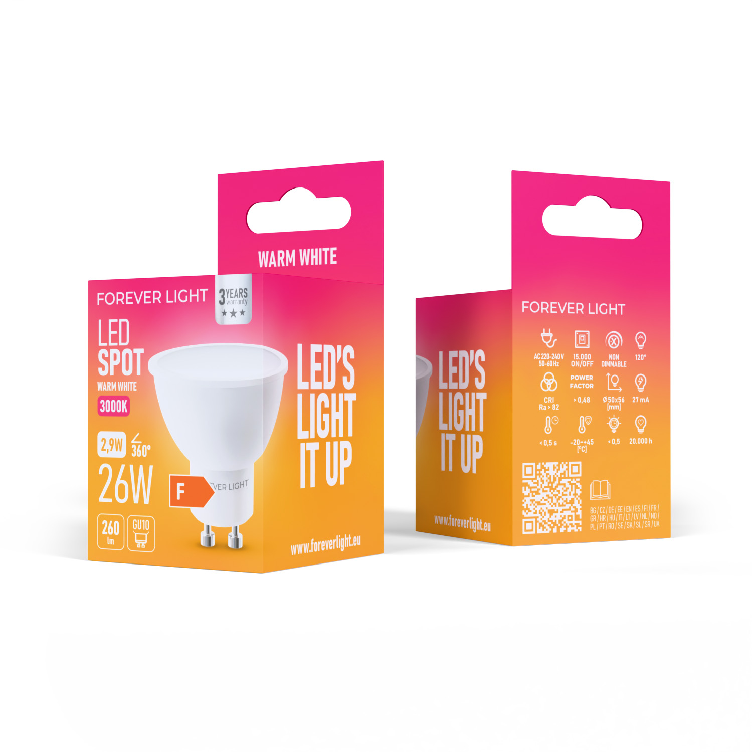 Zwei LED-Leuchtboxen, weißes Licht, Produktdetails und Spezifikationen sind sichtbar. Die Marke ist Forever Light.