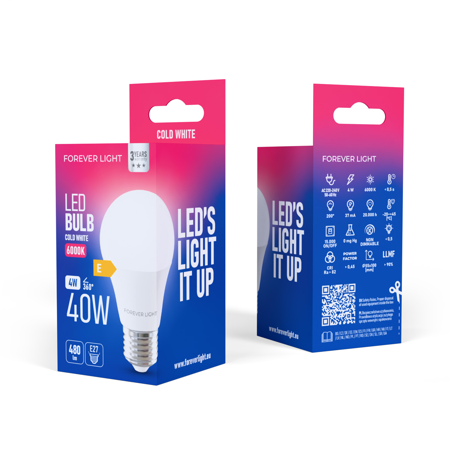 LED-Glühbirnenverpackung. Weiße Glühbirne, blaue und rosa Box mit Text und Spezifikationen. Zeigt 40 W, 6000 K und E27.