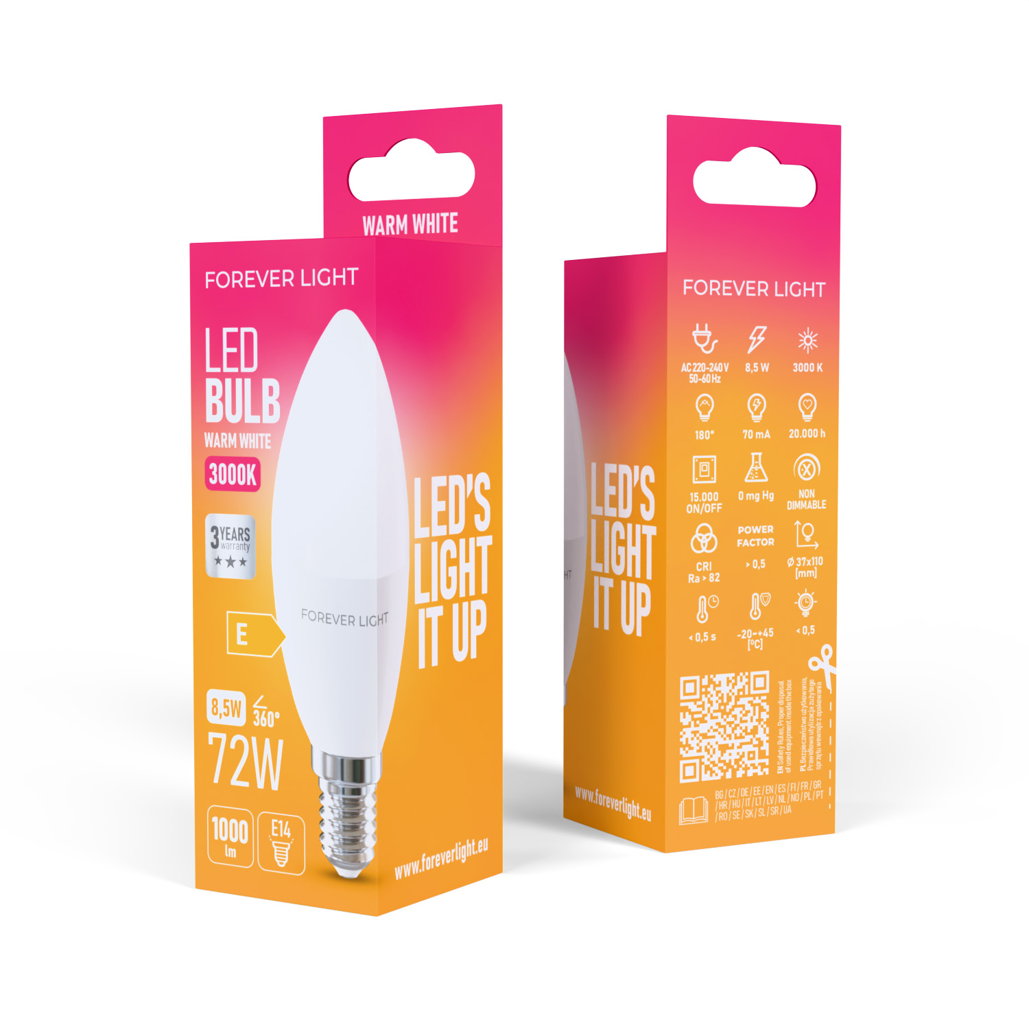 LED-Glühbirnenverpackung. Sie zeigt die Glühbirne, ihre Spezifikationen und den Markennamen: Forever Light. Farbe: warmweiß.