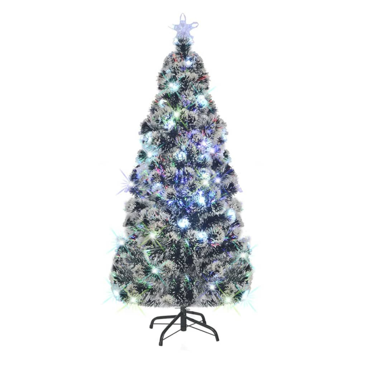 Ein weißer Weihnachtsbaum mit bunten Lichtern und einem Stern oben. Er steht auf einem schwarzen Metallsockel, isoliert auf weißem Hintergrund.