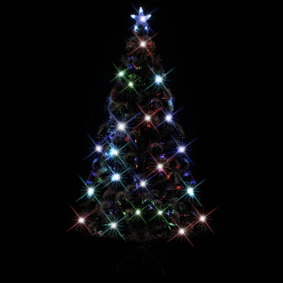 Ein Weihnachtsbaum mit funkelnden Lichtern in verschiedenen Farben. Ein Stern schmückt die Spitze. Der Hintergrund ist schwarz.