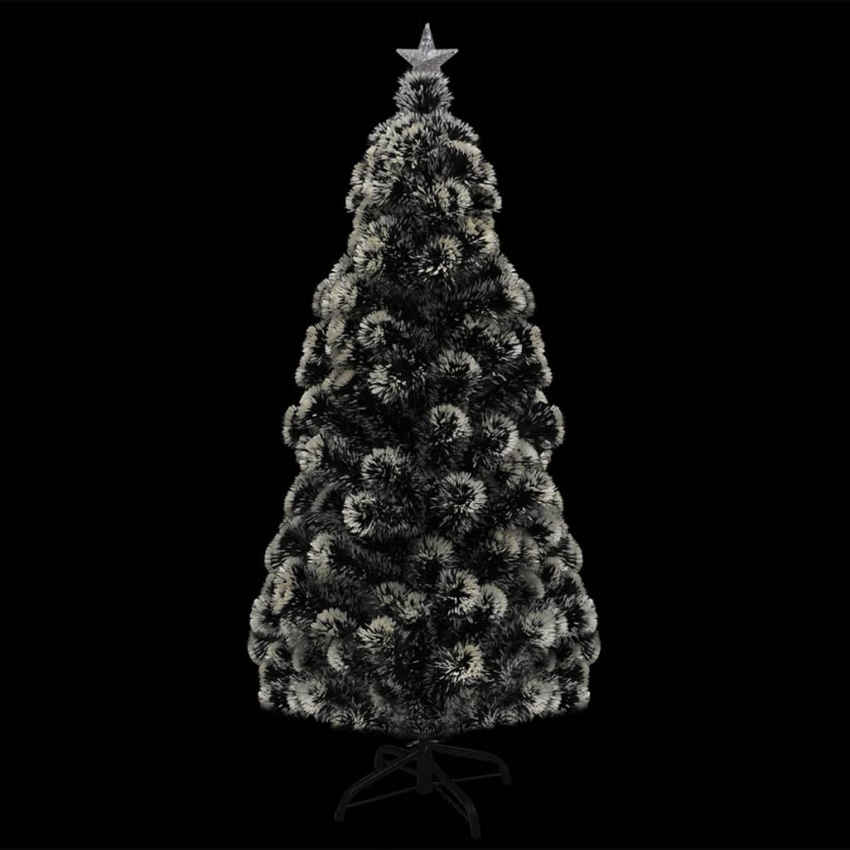 Ein dekorativer Weihnachtsbaum mit schwarz-weißen Nadeln, gekrönt von einem silbernen Stern, vor schwarzem Hintergrund.