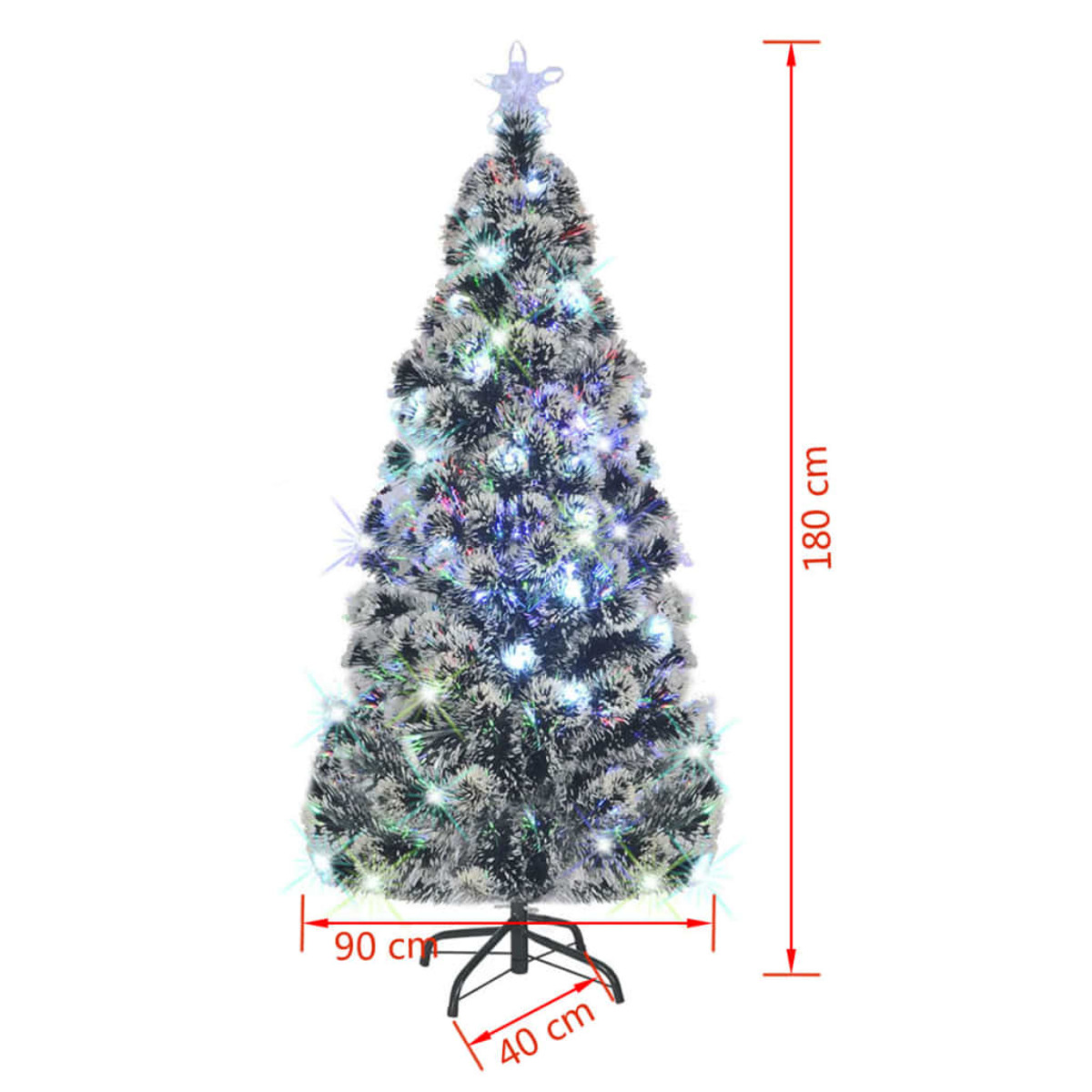 Ein künstlicher Weihnachtsbaum mit Lichtern und einem Stern oben. Maße: 180 cm Höhe, 90 cm Breite und 40 cm Basis.
