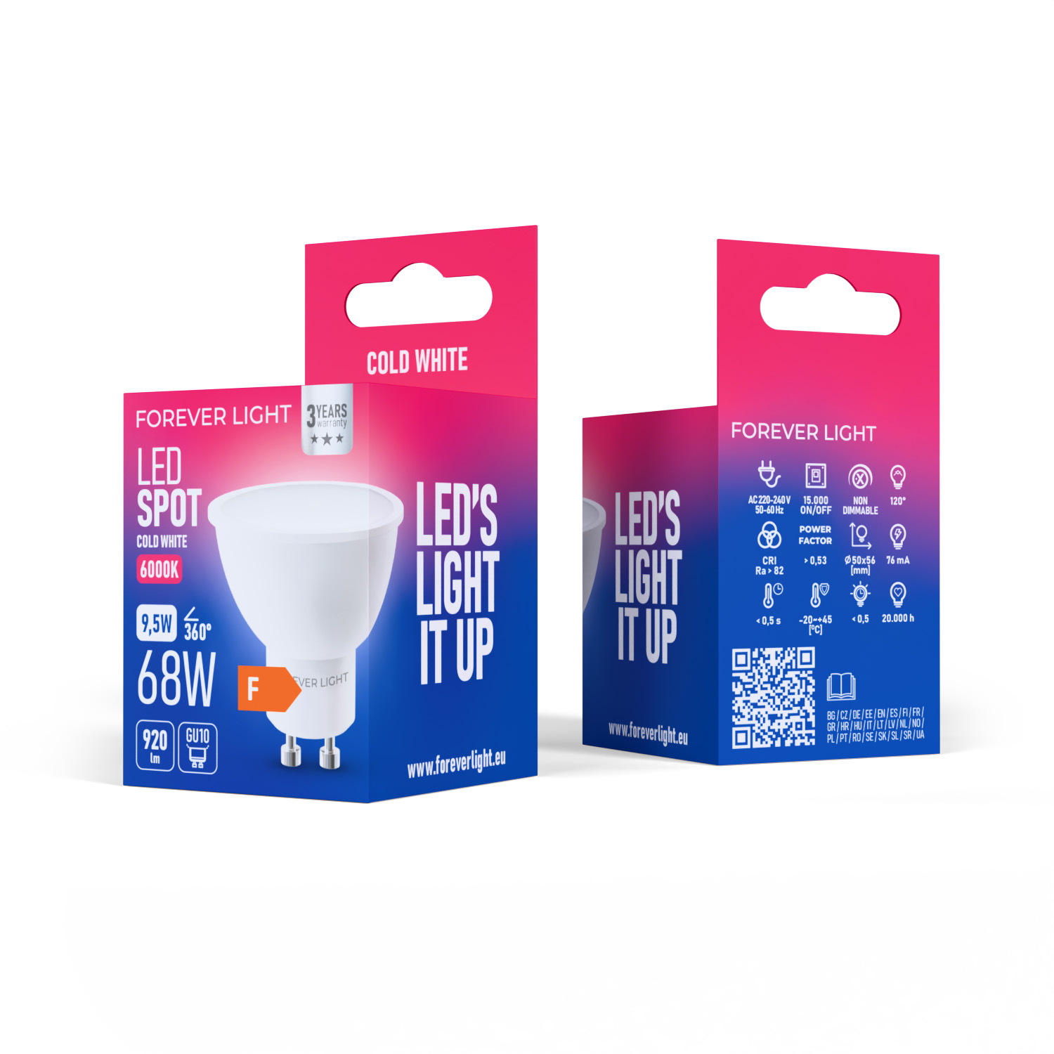 Zwei LED-Lichtboxen, weiße Glühbirne, mit Produktinformationen. Blauer und rosa Hintergrund, weißer Text.