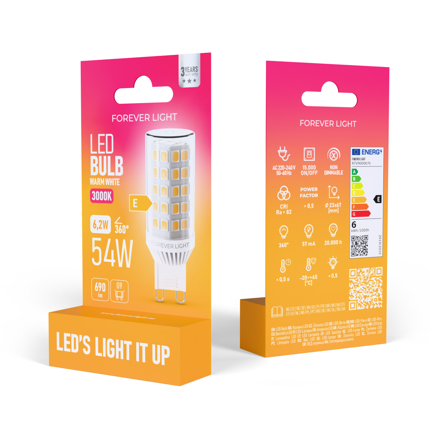 Eine Box mit einer LED-Glühbirne. Sie enthält Produktinformationen und ein Energieeffizienzlabel.