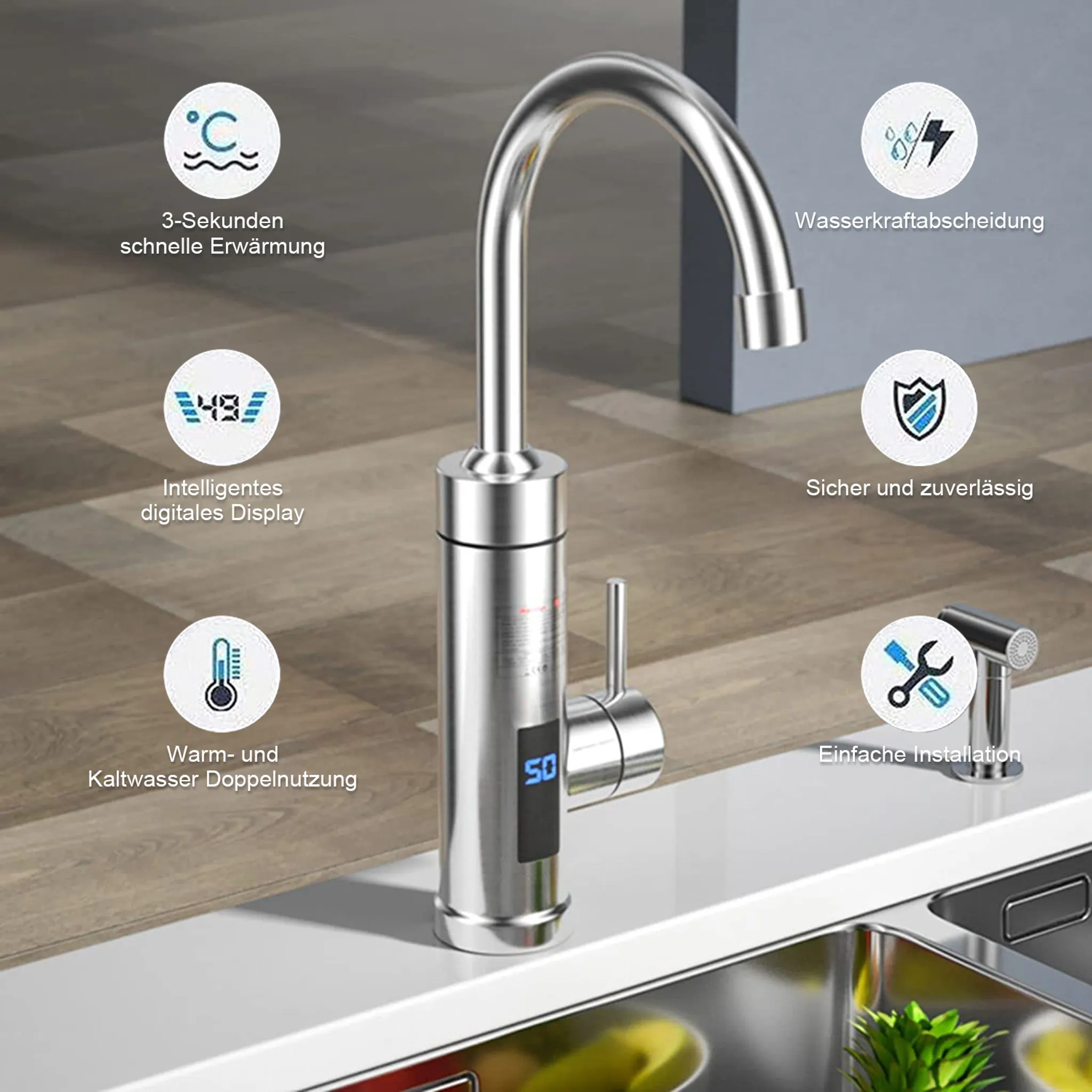 Ein metallischer Wasserhahn mit digitaler Anzeige, die 50 zeigt. Symbole zeigen schnelles Aufheizen, Wasserabscheidung und einfache Installation.