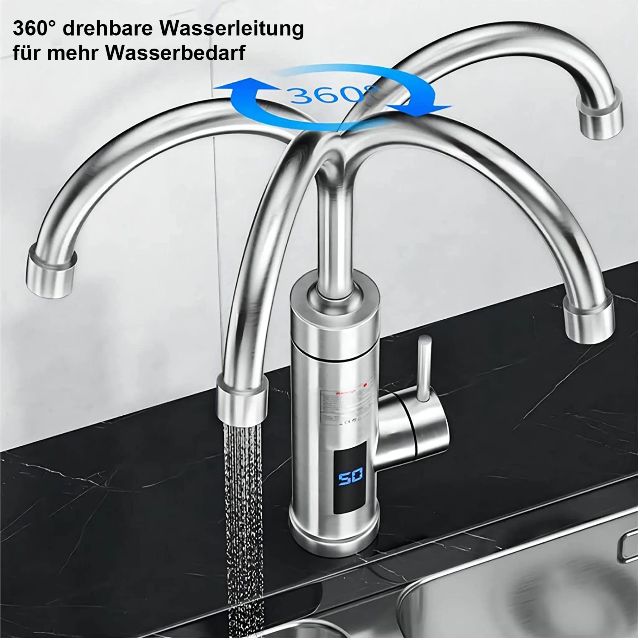Metallischer, um 360° drehbarer Wasserhahn mit fließendem Wasser und digitaler Anzeige '50'.