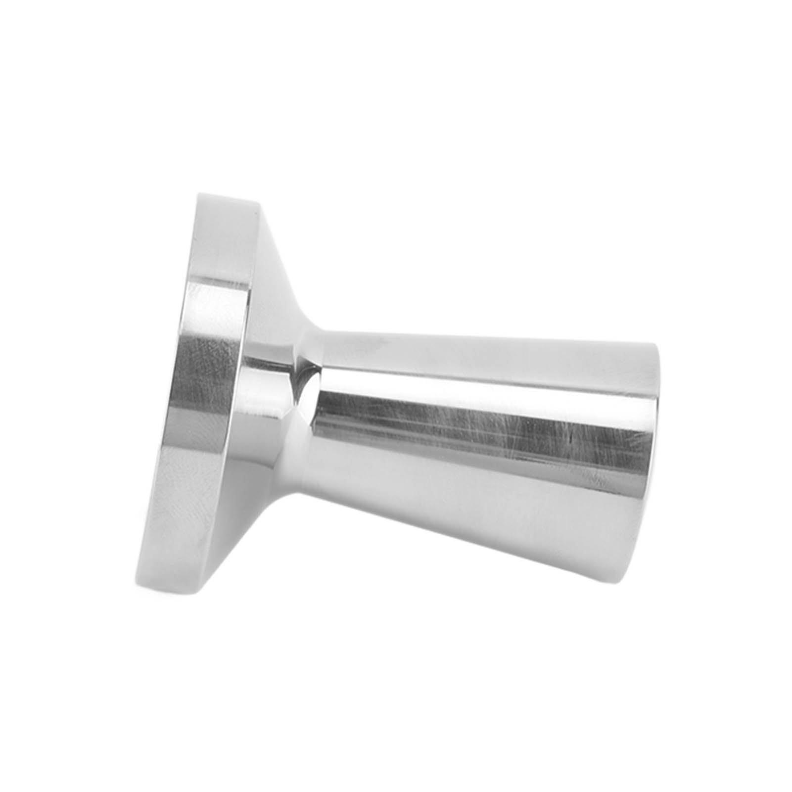Ein Metall-Kaffee-Tamper mit flacher Basis und konischem Griff. Der Hintergrund ist weiß.