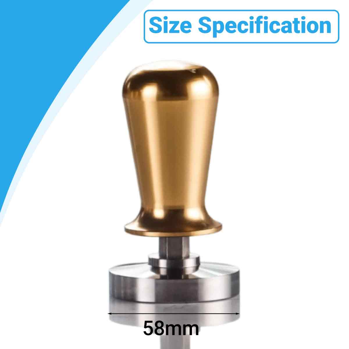 Ein goldener Kaffeestampfer mit silberner Basis. Text: 'Size Specification' und '58mm'.