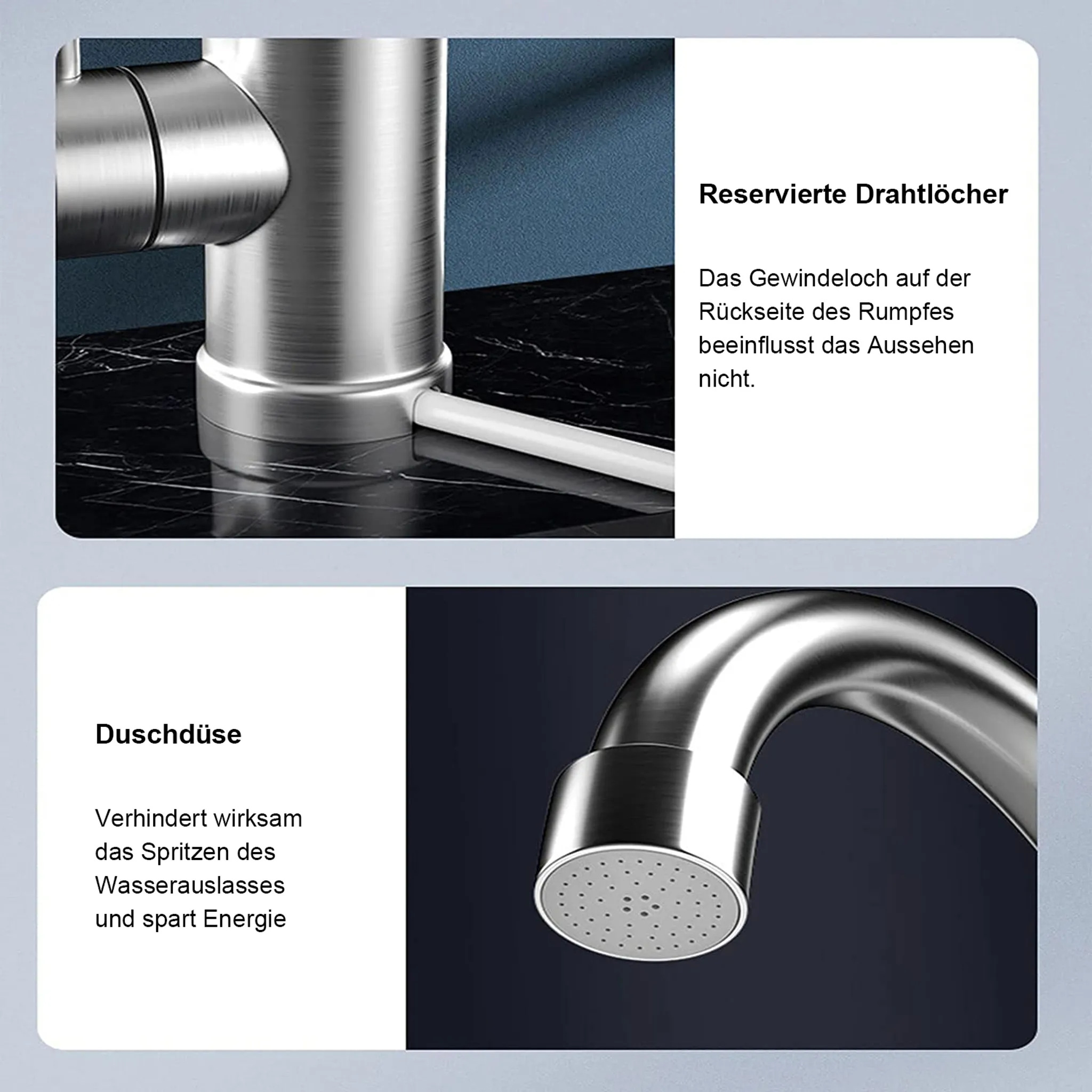 Nahaufnahme eines silbernen Wasserhahns, mit einem Duschkopf in der unteren rechten Ecke und Textbeschreibungen.
