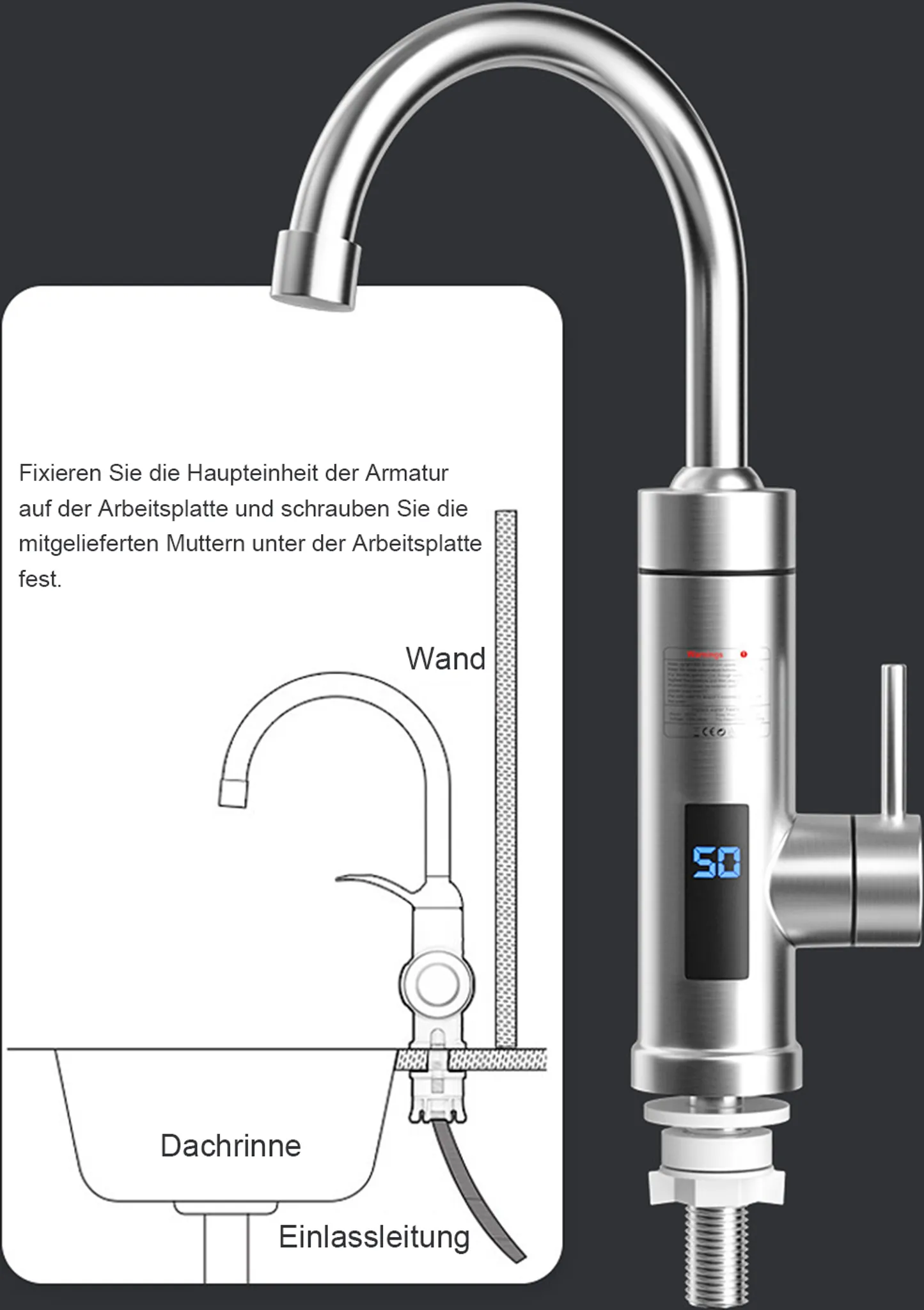 Diagramm eines silbernen Wasserhahns. Ein Digitaldisplay zeigt '50'. Text auf Deutsch beschreibt Installationsschritte.
