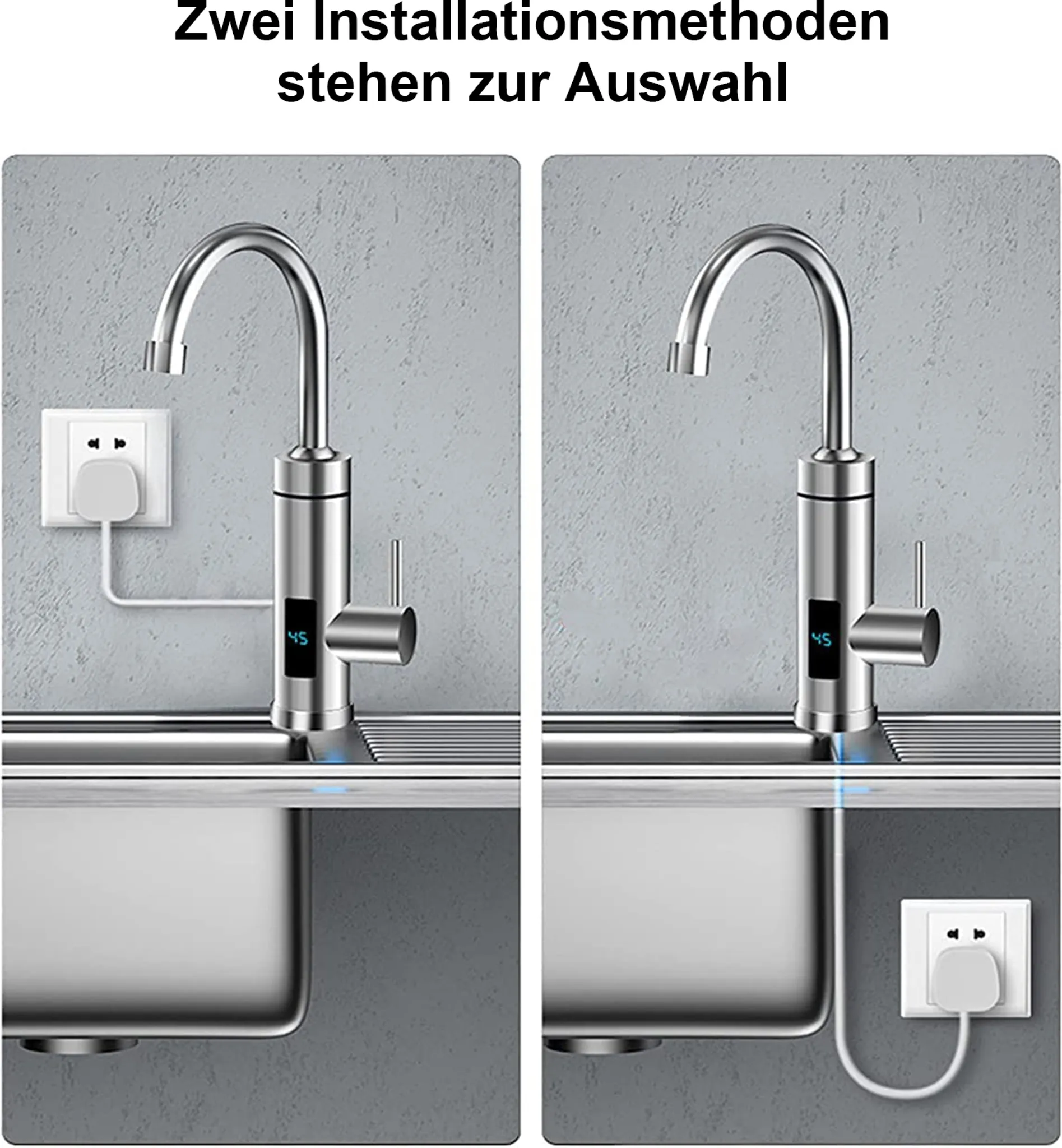 Zwei Wasserhähne mit unterschiedlichen Steckdosenpositionen. Jeder hat ein Display mit '45'.
