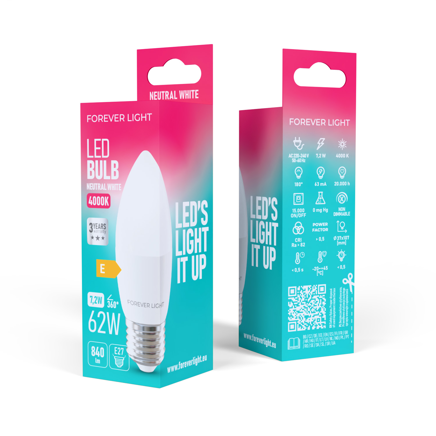 LED-Glühbirne in einer Box. Sie ist weiß und hat eine neutrale weiße Farbe. Die Box ist blau, weiß und rosa.