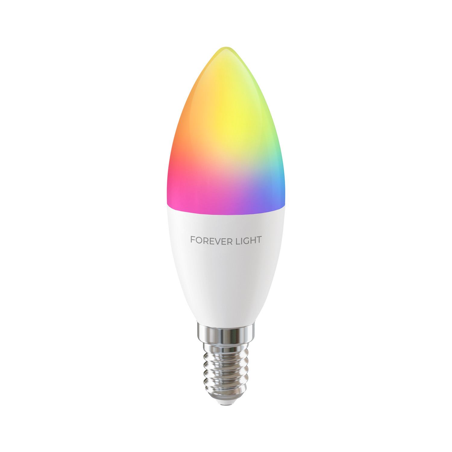 Eine weiße LED-Glühbirne mit einem regenbogenfarbenen Oberteil. Der Sockel ist silberfarben, und es steht 'FOREVER LIGHT' darauf.