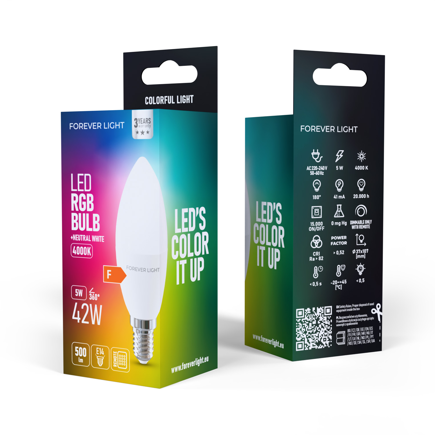 Eine Schachtel mit einer LED-RGB-Glühbirne. Sie enthält Produktinformationen, eine Glühbirnengrafik und den Markennamen 'Forever Light'.