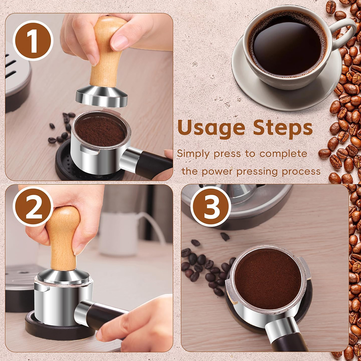 Das Bild zeigt Schritte zur Kaffeezubereitung: Kaffeepulver verdichten, eine Tasse Kaffee und Kaffeebohnen.