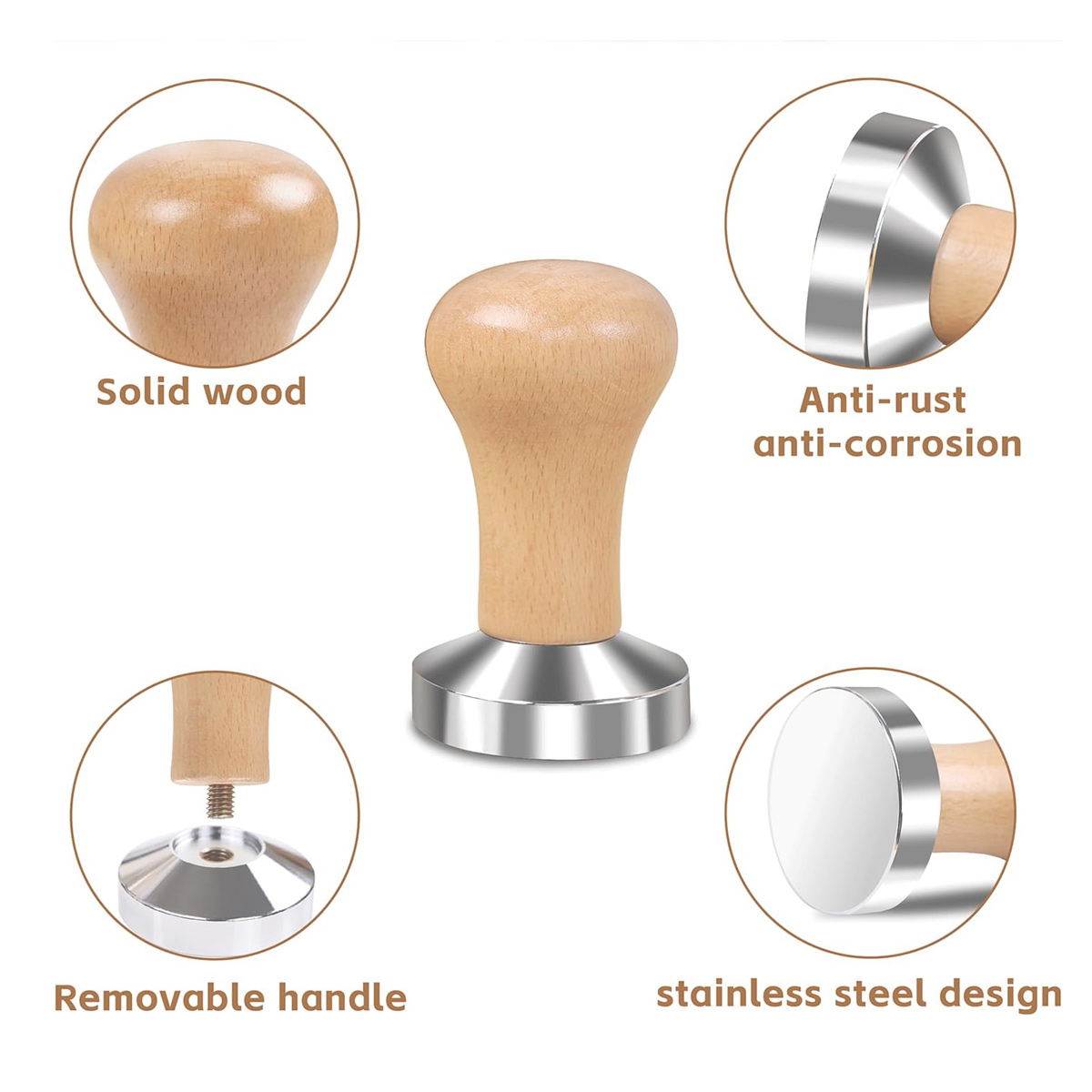 Ein Kaffee-Tamper mit Holzgriff und Edelstahlbasis. Zu den Merkmalen gehören Massivholz, Rostbeständigkeit und abnehmbarer Griff.