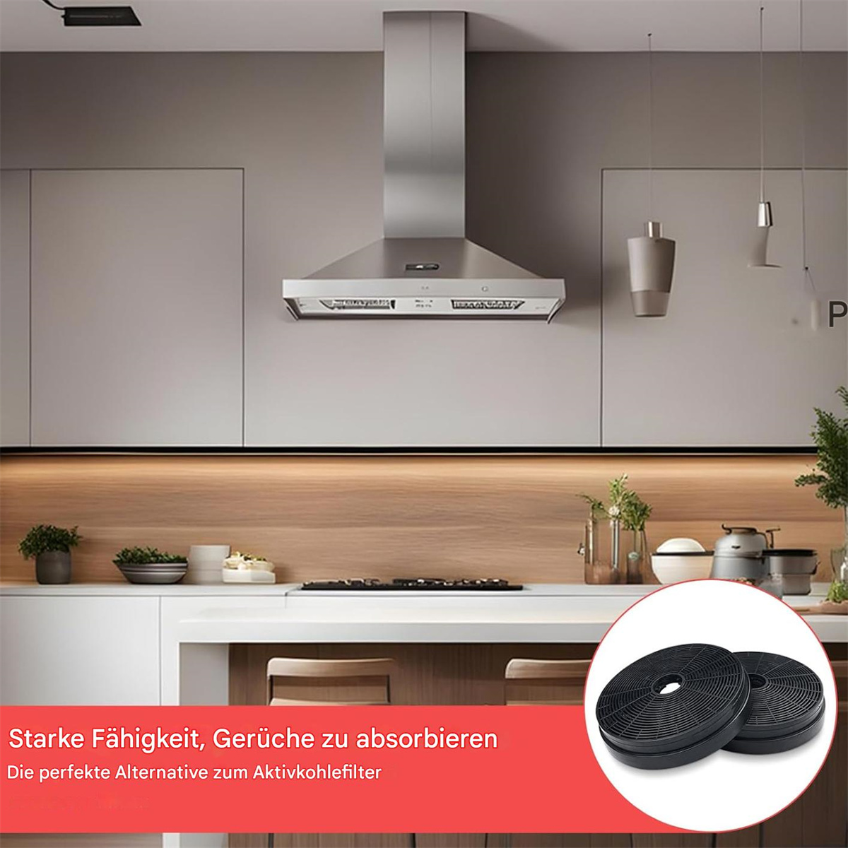 Moderne Küche mit Edelstahl-Dunstabzugshaube. Zwei schwarze Aktivkohlefilter im Vordergrund. Weiße Arbeitsplatte mit Pflanzen.
