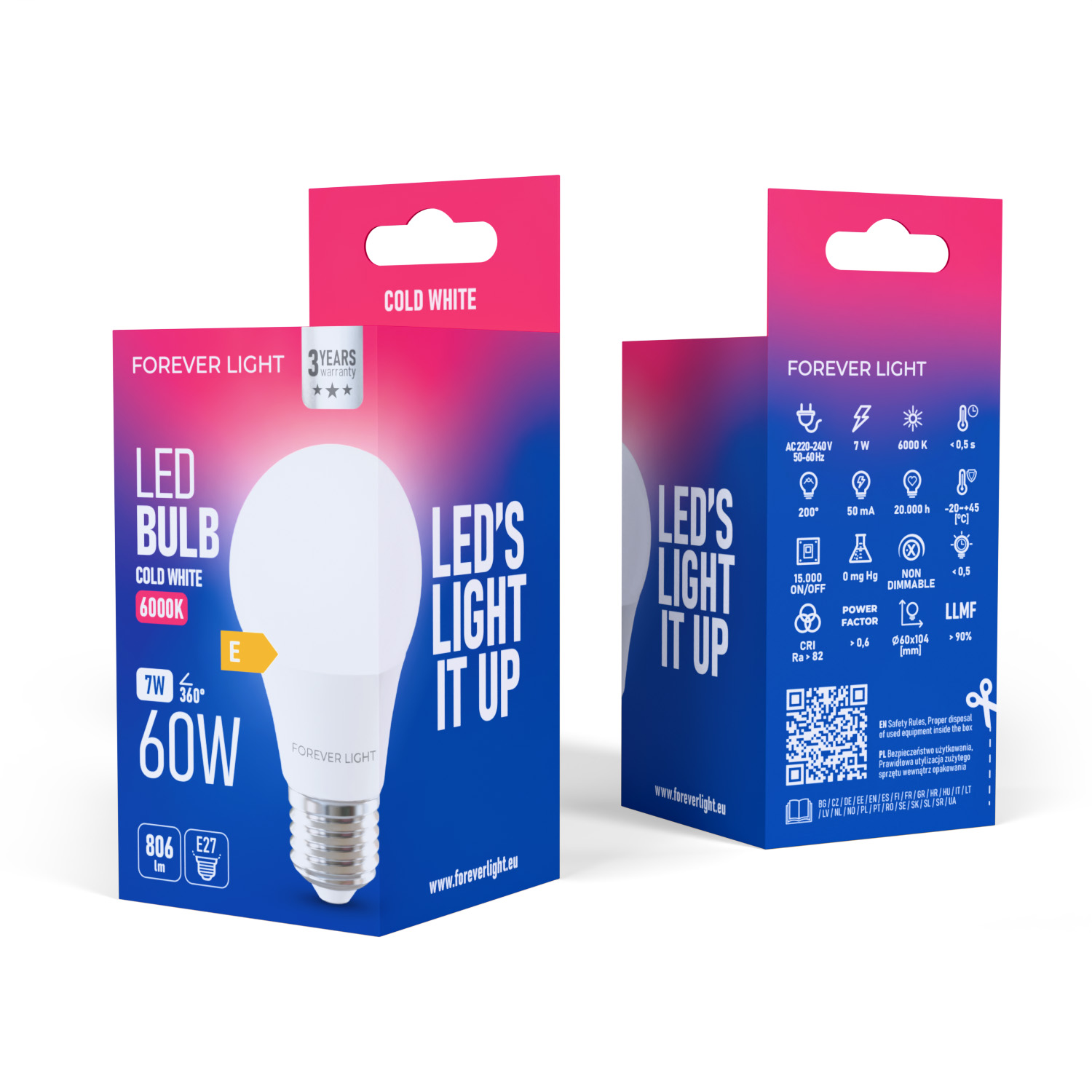 Eine weiße LED-Glühbirne in einer Schachtel mit Produktinformationen. Die Schachtel ist blau und trägt den Markennamen Forever Light.