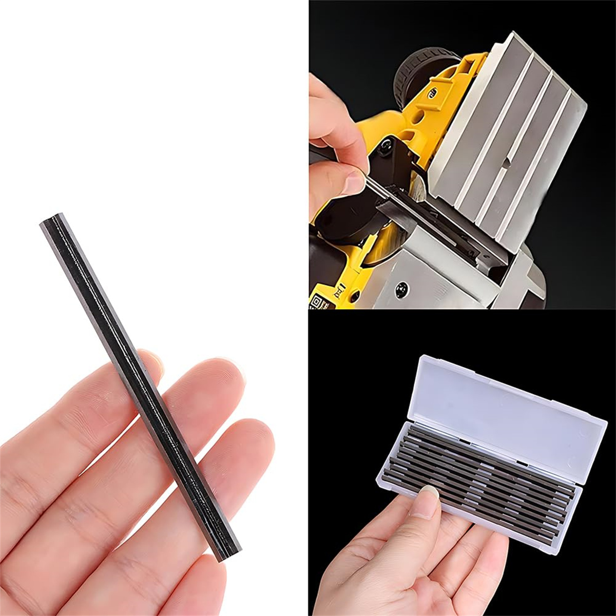 Eine Hand hält einen schwarzen Bleistift. Andere Bilder zeigen die Verwendung mit einem gelben Werkzeug und einer Bleistiftbox.