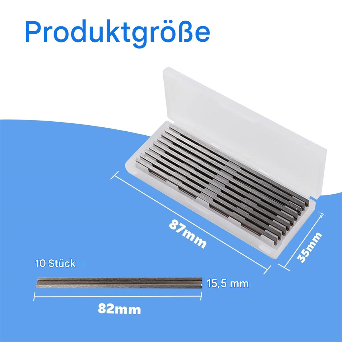 Das Bild zeigt 10 Metallfeilen in einer transparenten Kunststoffbox, Maße sind angegeben. Produktgröße steht oben.