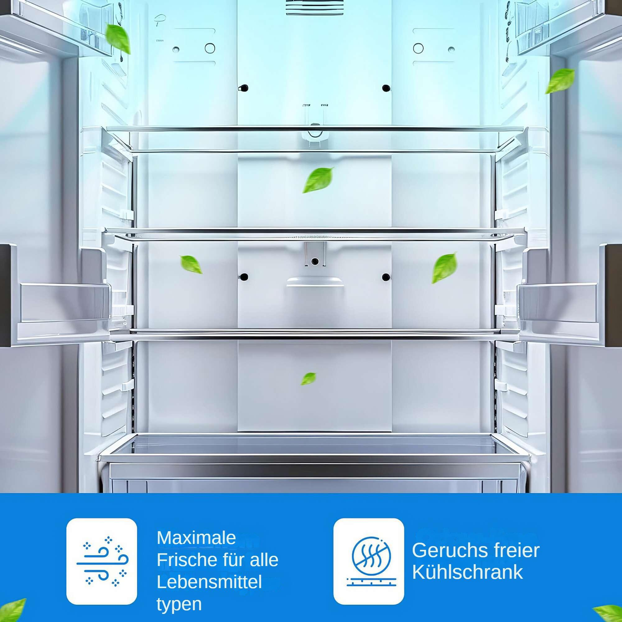 Offener Kühlschrank mit Regalen und grünen Blättern. Blaue Symbole unten mit deutschem Text.