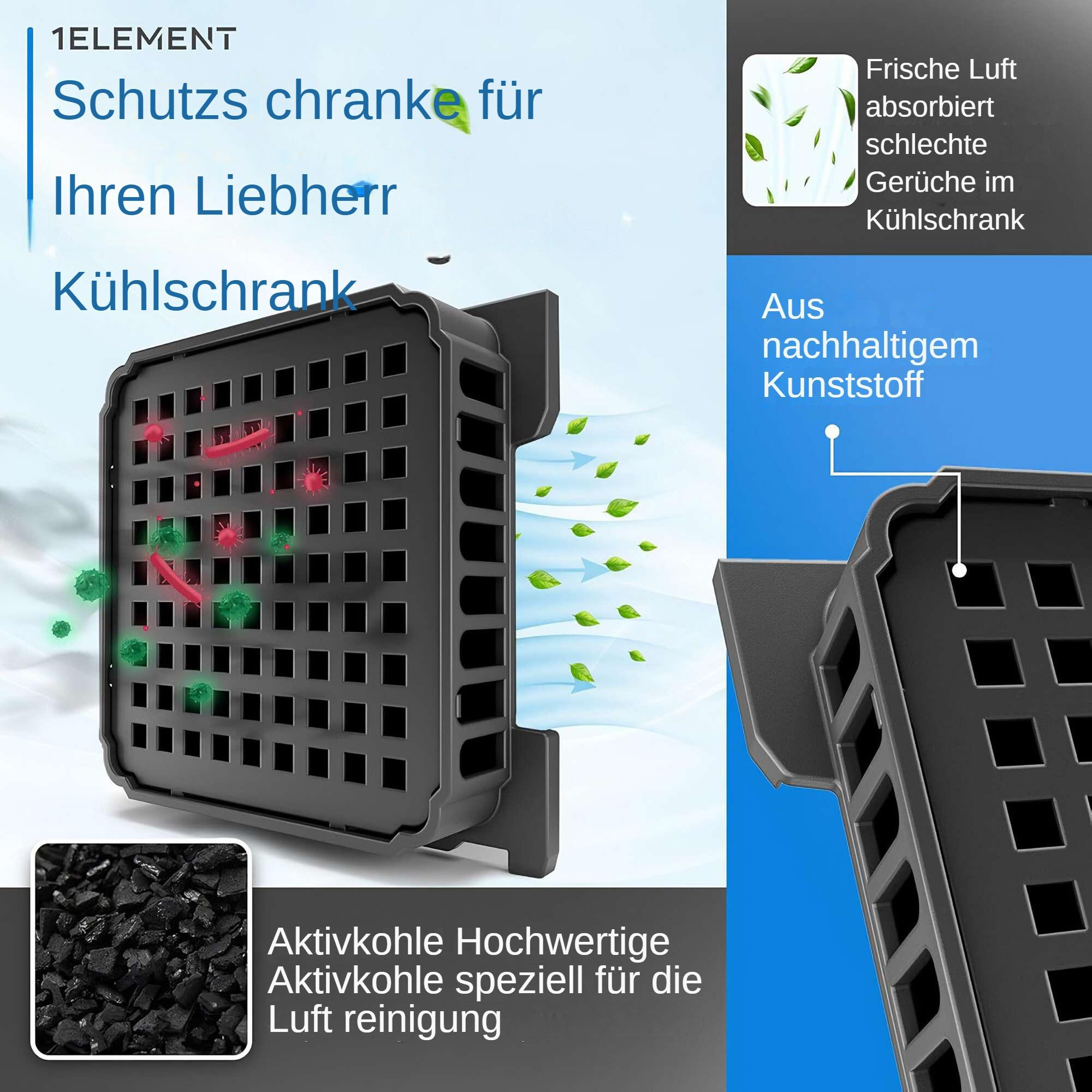 Ein schwarzer Luftfilter für Kühlschränke, mit Text und Grafiken, die frische Luft und Geruchsabsorption bewerben.