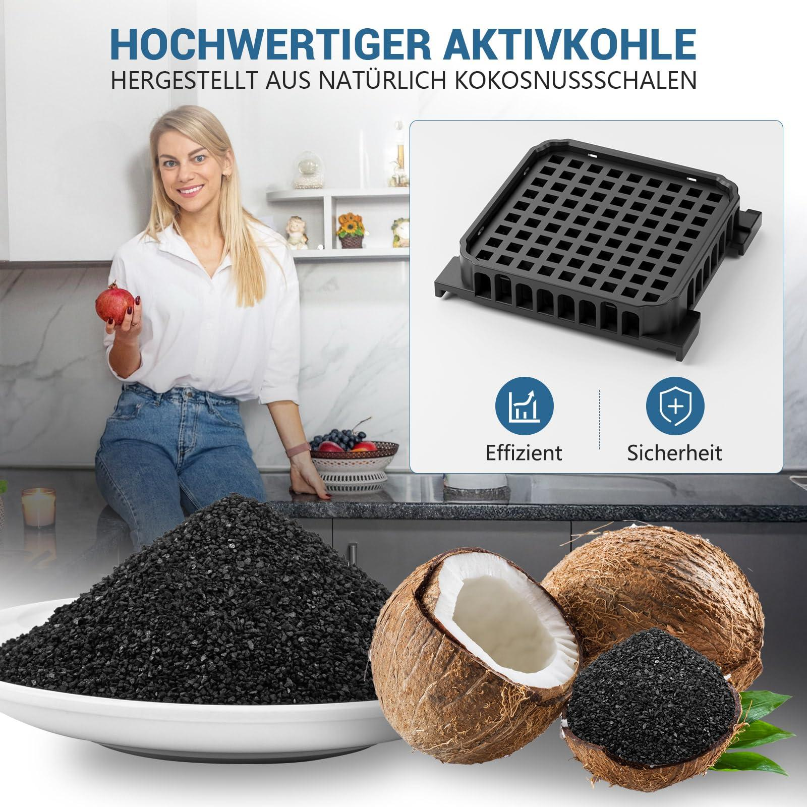 Frau mit Granatapfel, Holzkohle, Kokosnüssen und einem schwarzen Grill. Text: Hochwertige Aktivkohle aus Kokosnussschalen.