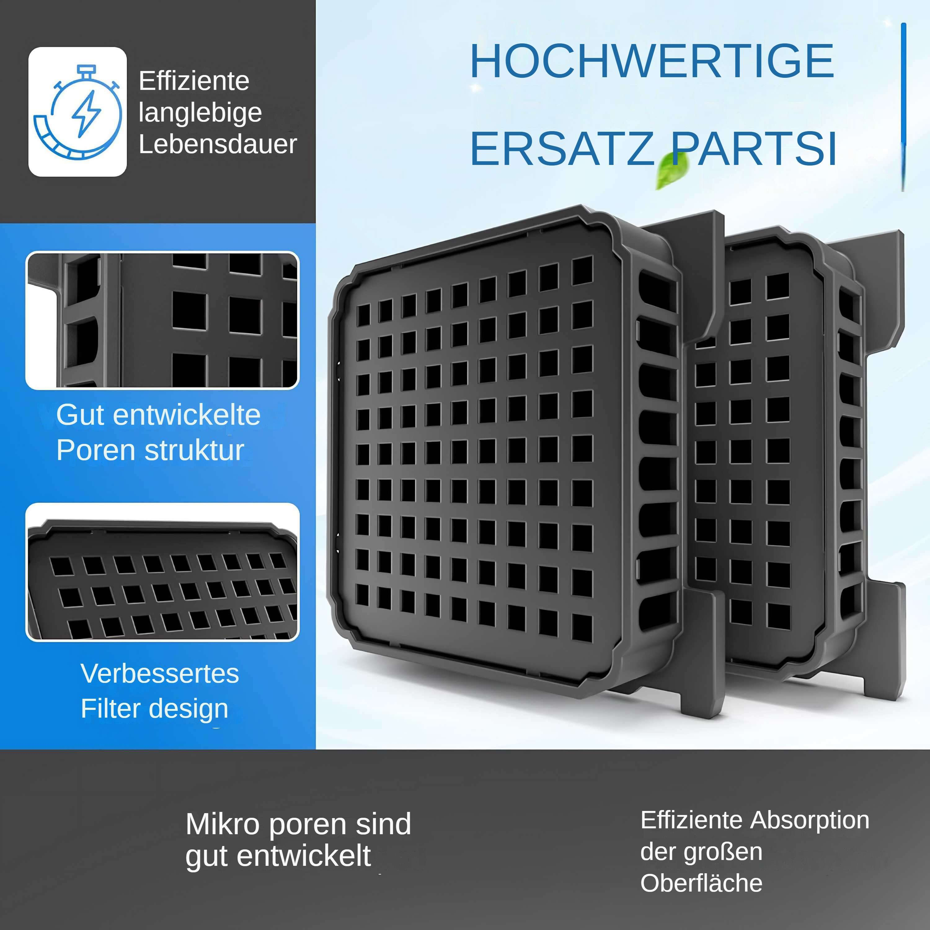 Das Bild zeigt Ersatzteile mit Text: hochwertig, effiziente Absorption und verbessertes Filterdesign.