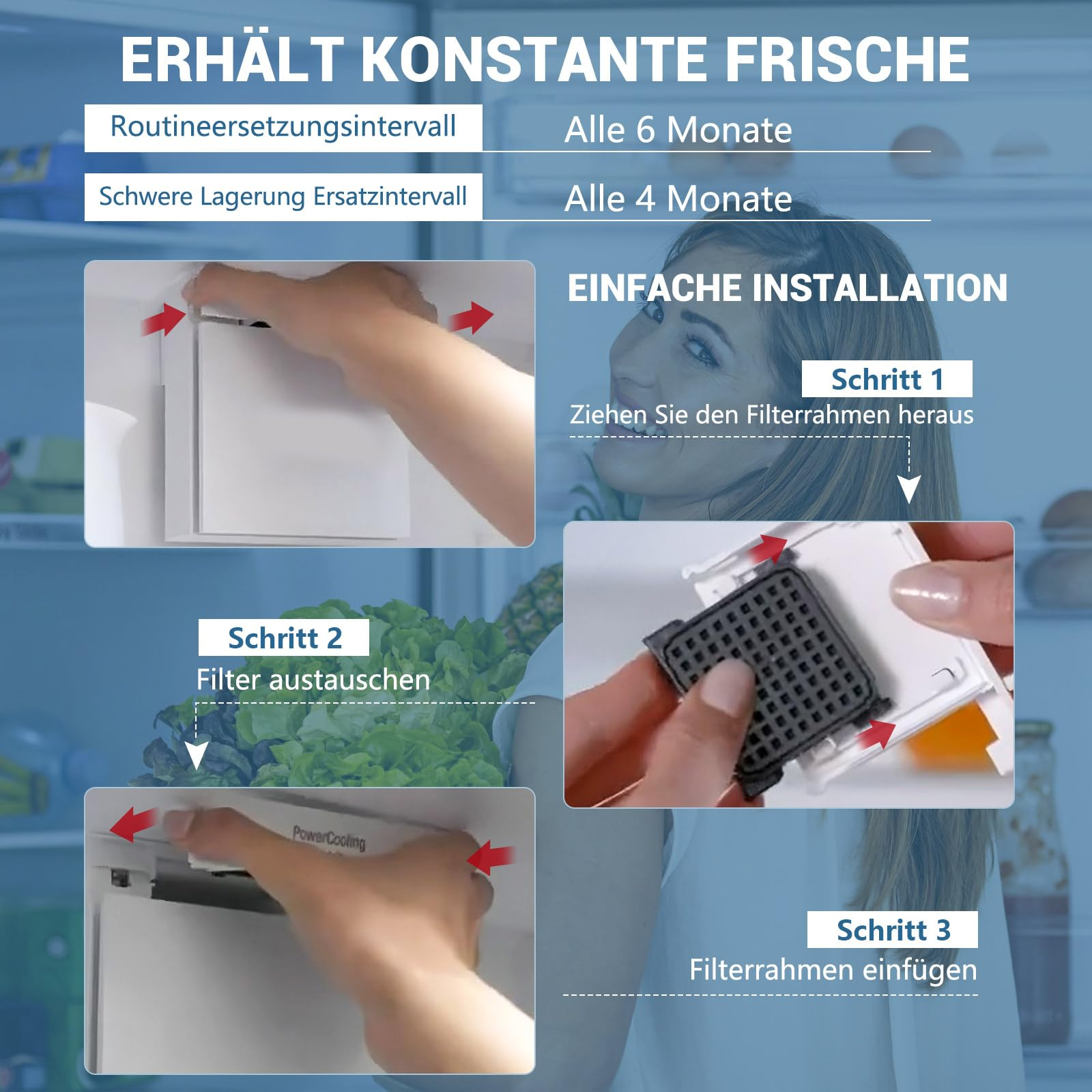 Das Bild zeigt Schritte zum Ersetzen des Kühlschrankfilters. Hände entfernen und setzen Filter ein. Text auf Deutsch erklärt den Vorgang.