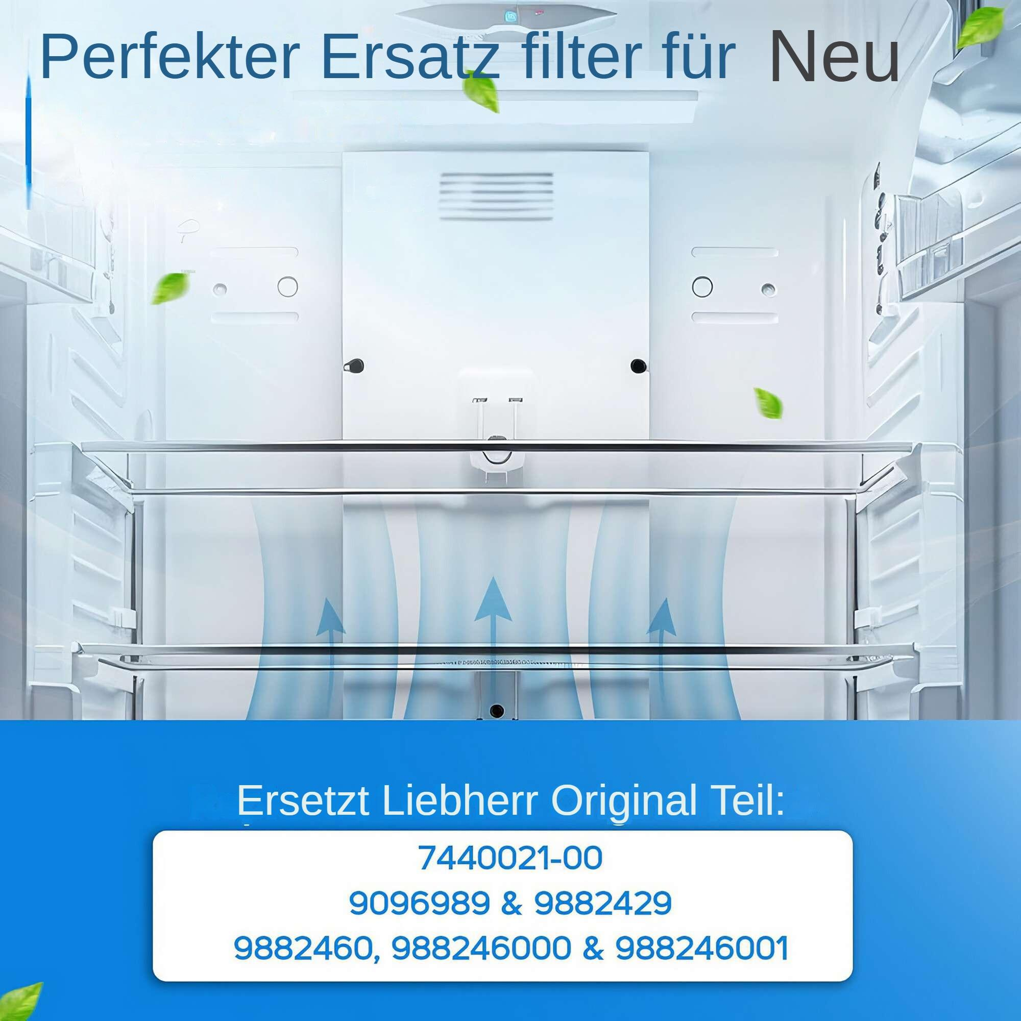 In einem Kühlschrank eine Anzeige für einen Filterersatz. Text: Perfekter Filter für neu. Ersetzt Liebherr Original-Teilenummern.