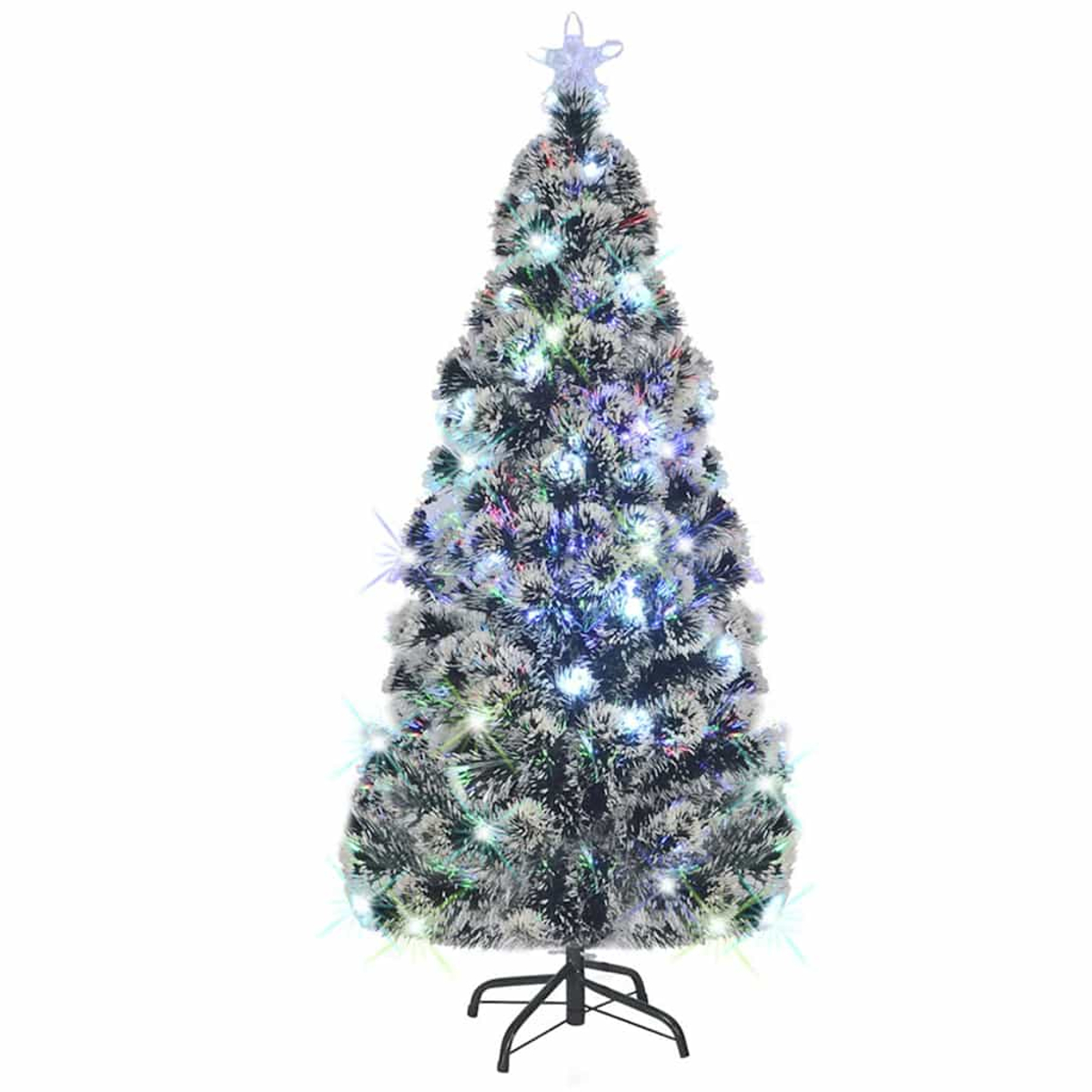 Un albero di Natale decorato con luci e una stella in cima si erge su uno sfondo bianco. L'albero ha un supporto nero.