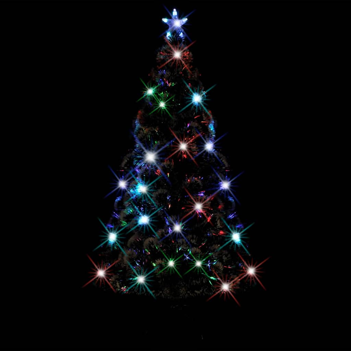 Un albero di Natale scuro con luci scintillanti colorate e una stella in cima su sfondo nero.