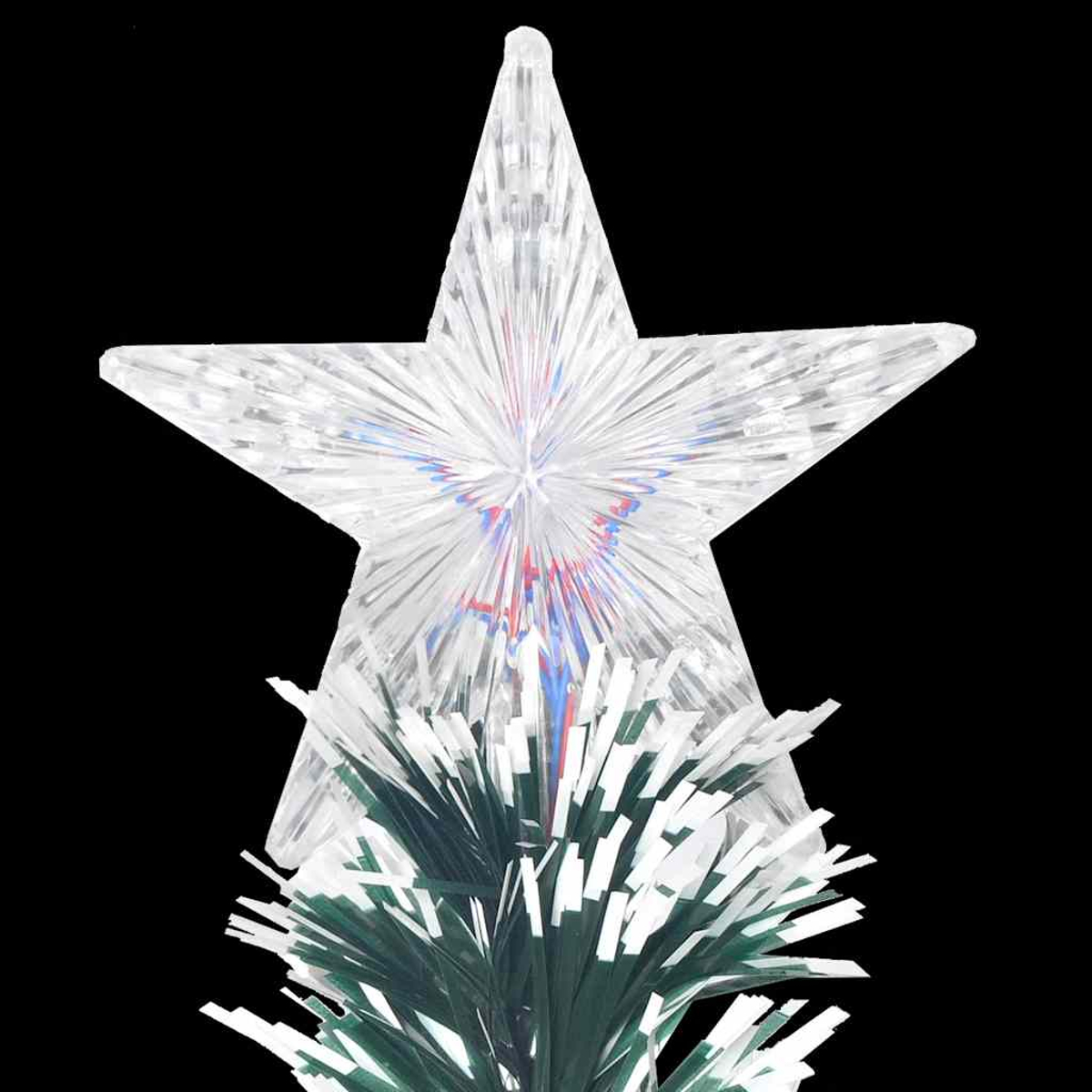 Un puntale trasparente a forma di stella per albero di Natale con luci rosse, bianche e blu. Si trova su una base decorativa verde e bianca.