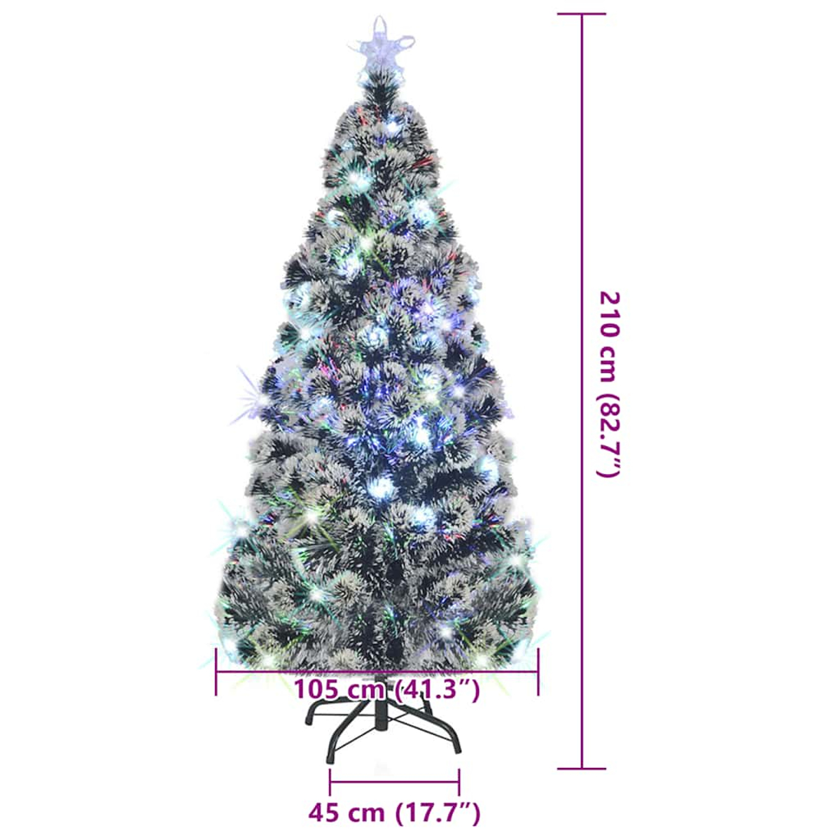 Un albero di Natale artificiale illuminato con una stella in cima. Sono fornite le misure, inclusa l'altezza e la larghezza della base.