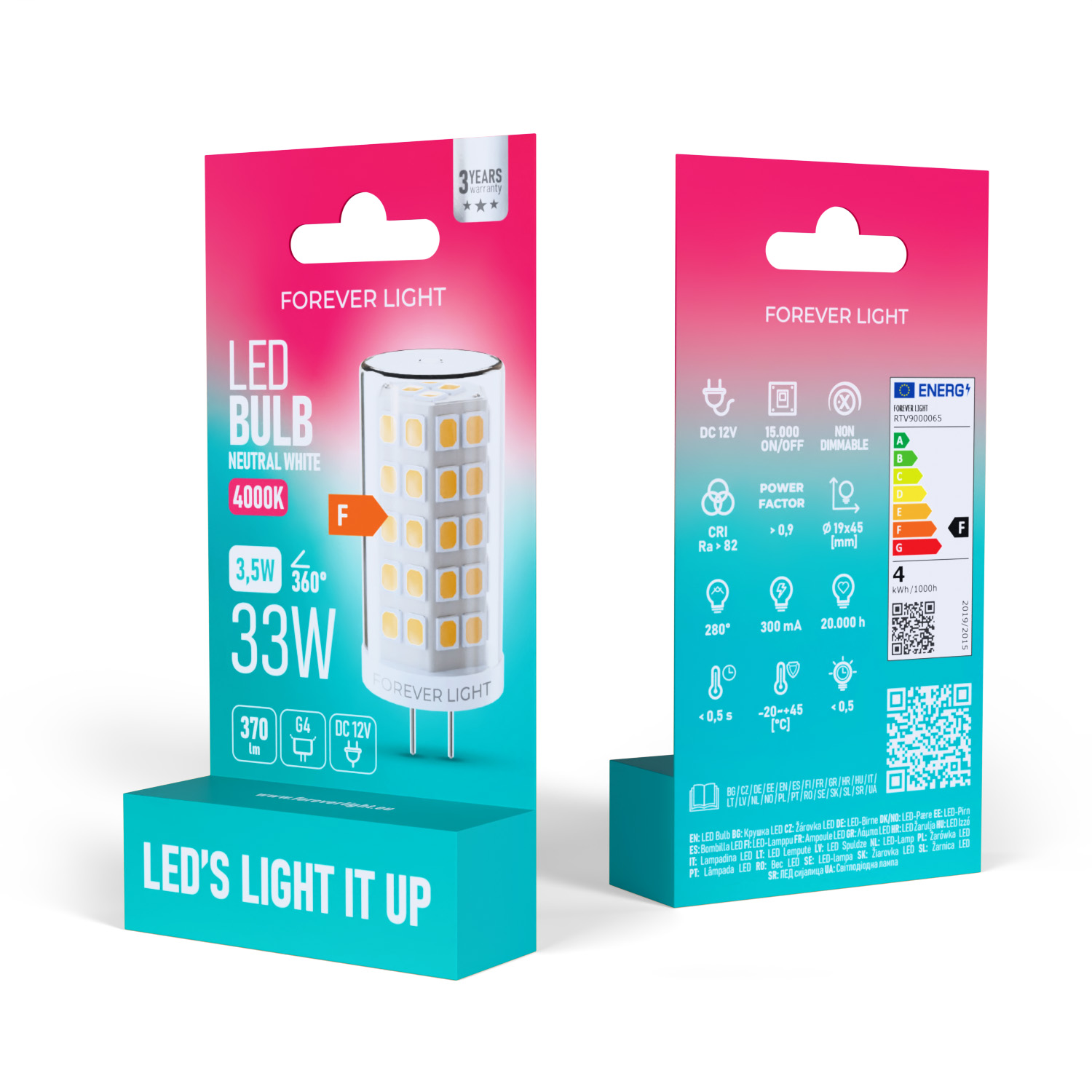 LED-Glühbirnenverpackung. Sie zeigt die Glühbirne, Spezifikationen und die Marke 'FOREVER LIGHT'.