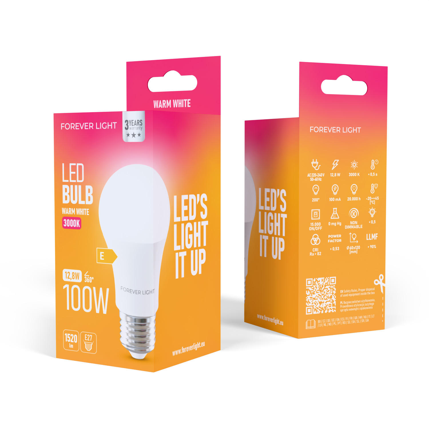 LED-Glühbirnenverpackung. Sie zeigt die Glühbirne, Details und Spezifikationen mit warmer weißer Farbe und Forever Light-Branding.