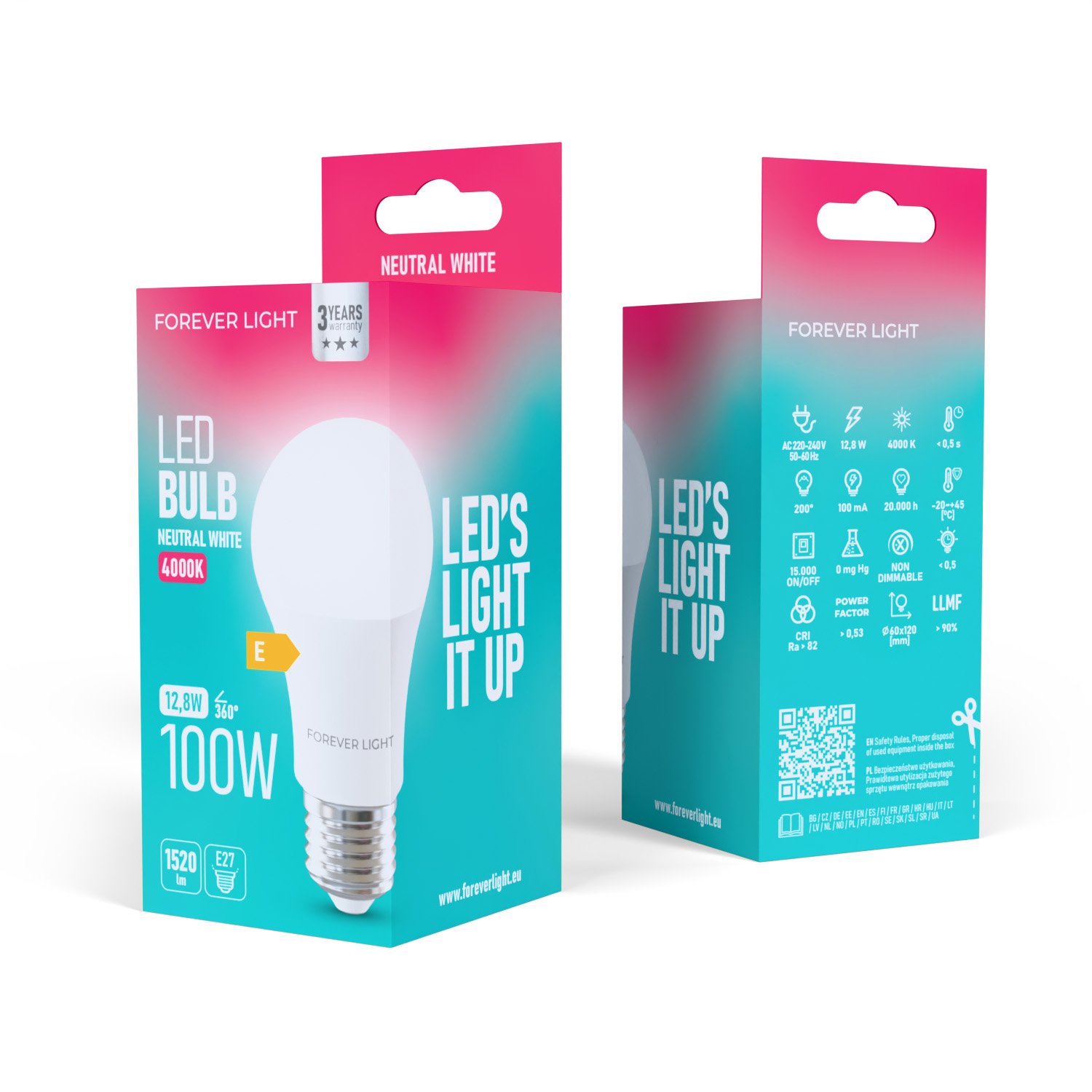 LED-Glühbirnenverpackung. Weiße Glühbirne, rosa und türkisfarbene Schachtel, Text: LED, 100W, neutralweiß, Forever Light.