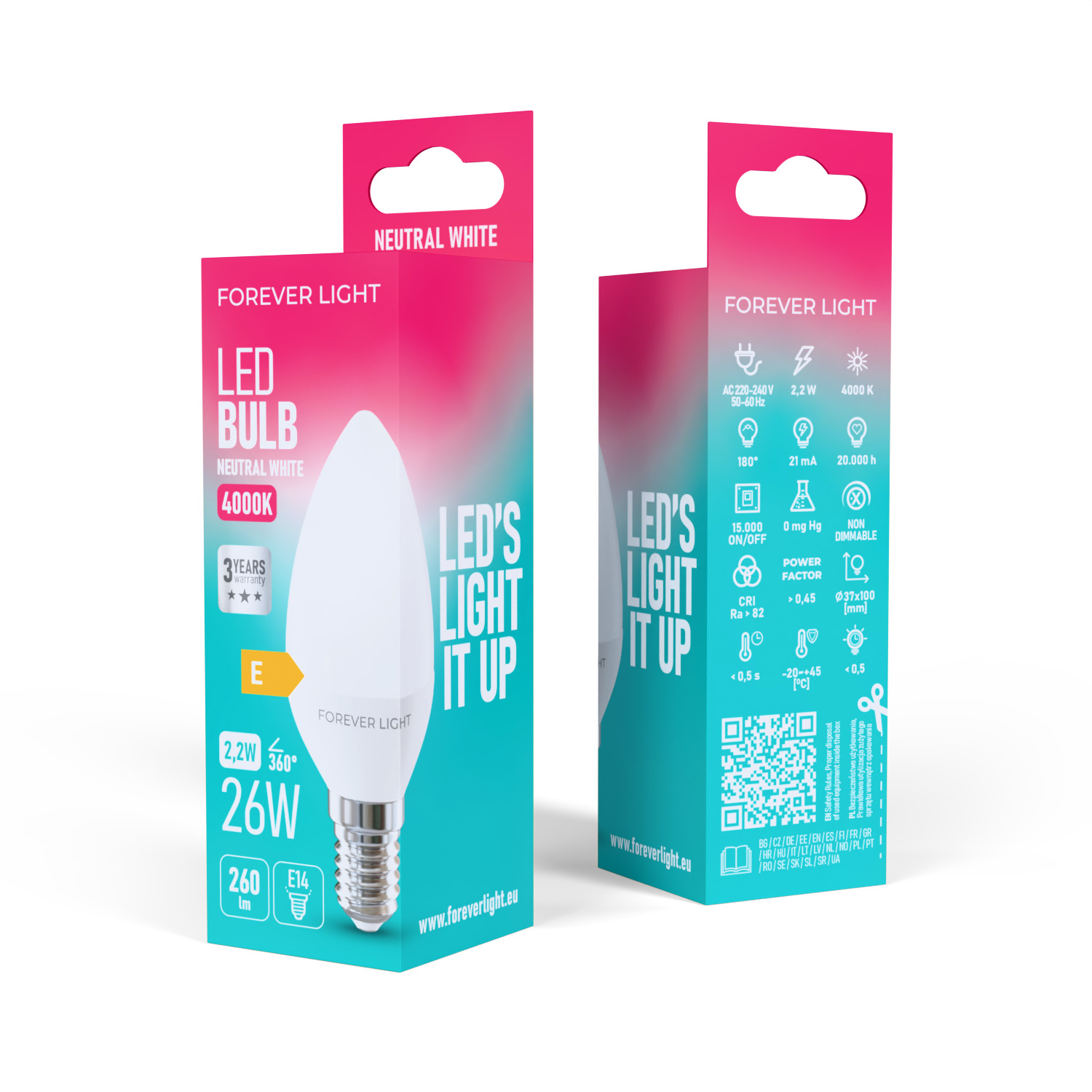 Verpackte LED-Glühbirne mit weißem Licht. Sie enthält Spezifikationen wie Watt, Spannung und Farbtemperatur.