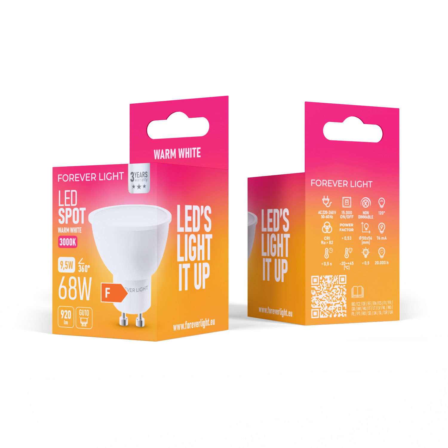 Zwei Kartons mit LED-Spot-Leuchten, weiß und orange. Text: LED's Light it up, Forever Light, 3 Jahre Garantie, 9,5W, 3000K, GU10.