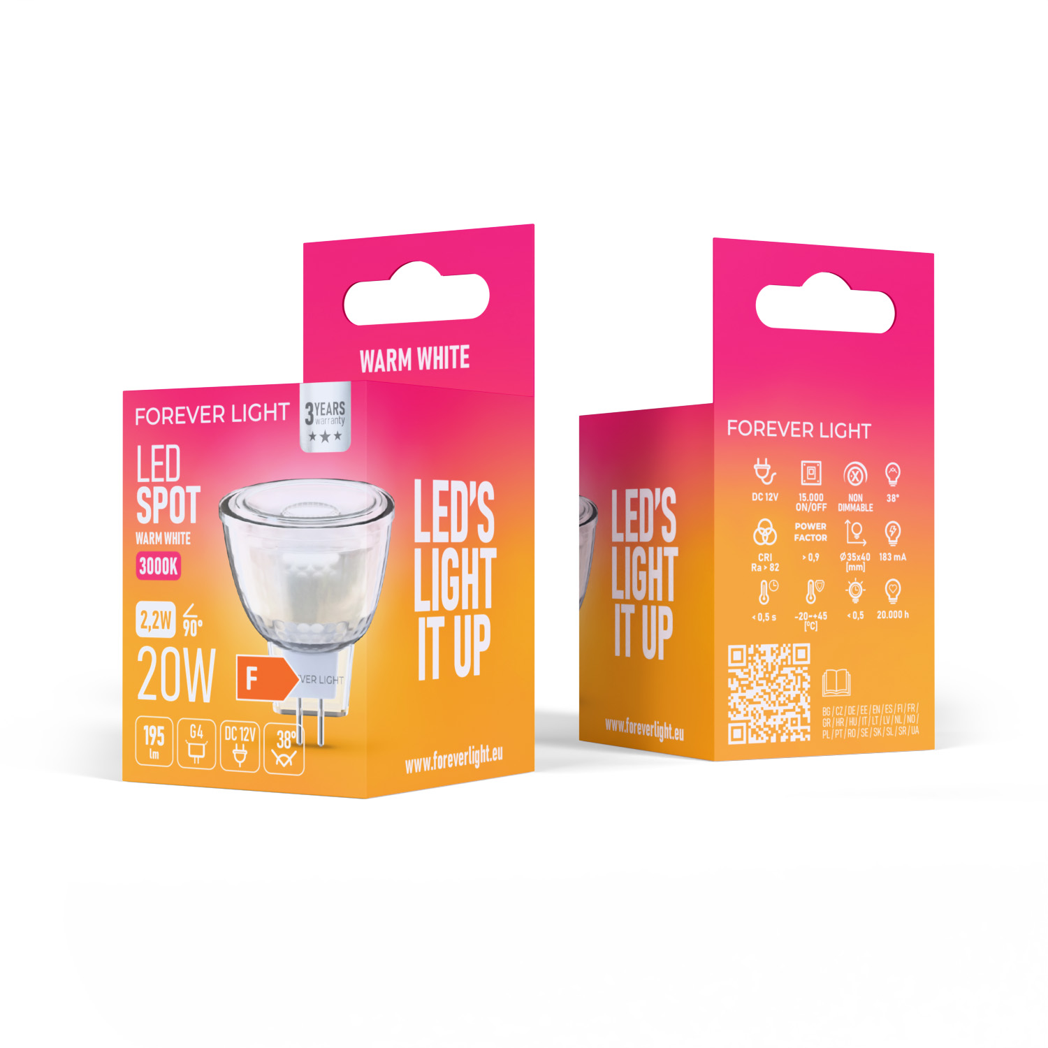 Zwei LED-Leuchtboxen, eine davon offen. Text auf den Boxen: LED SPOT, WARM WHITE, 3000K, 2,2W, 20W und LED'S LIGHT IT UP.