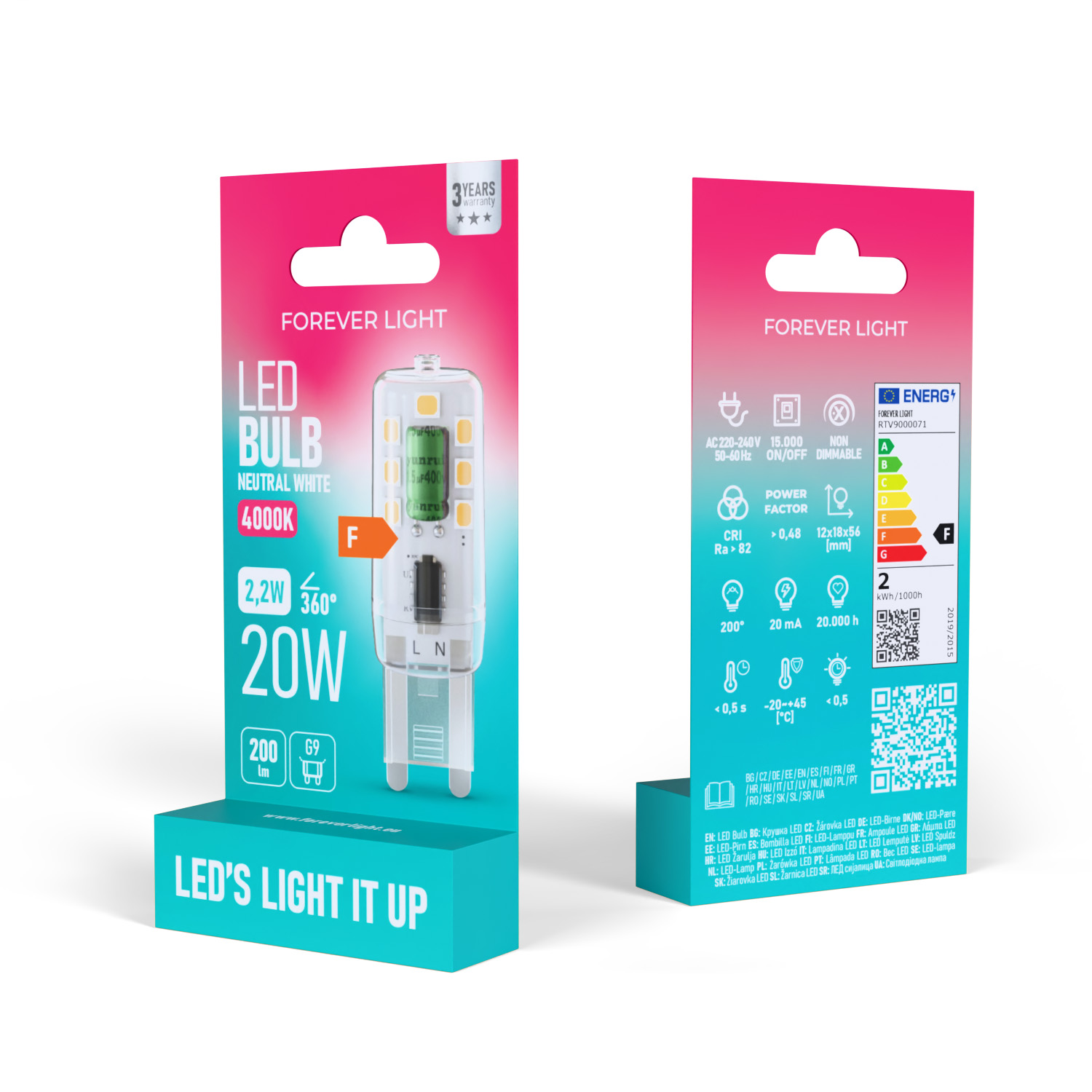 LED-Glühbirnenverpackung. Sie zeigt die Glühbirne, Energiedetails und Produktinformationen in mehreren Sprachen.