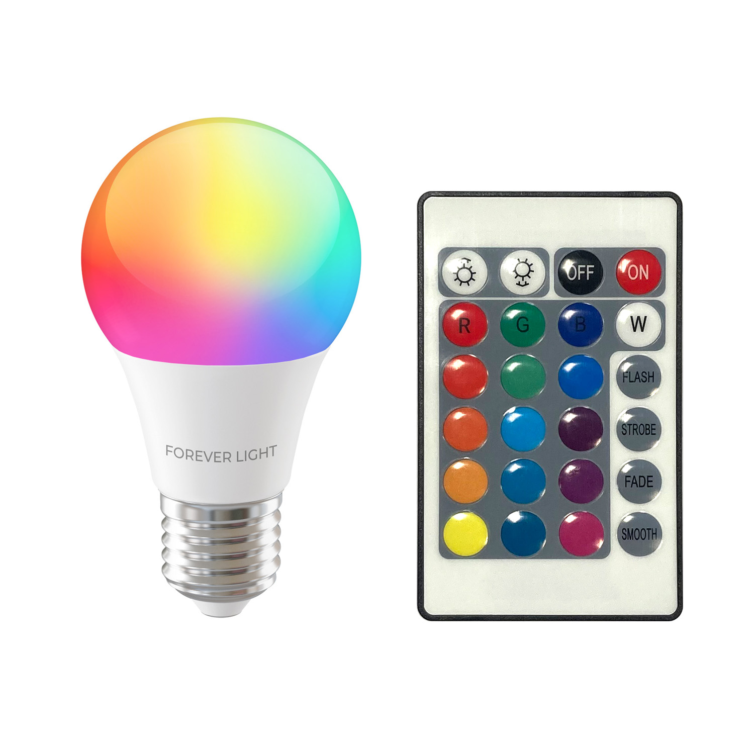 Una lampadina a LED colorata accanto a un telecomando. La lampadina è multicolore e il telecomando ha pulsanti colorati.