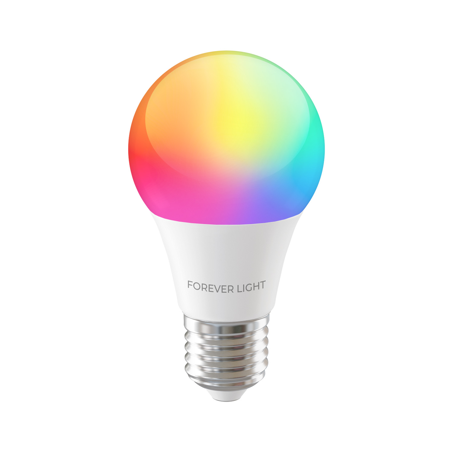 Una lampadina LED colorata su sfondo bianco. La lampadina è bianca con 'FOREVER LIGHT' stampato e un vetro arcobaleno.